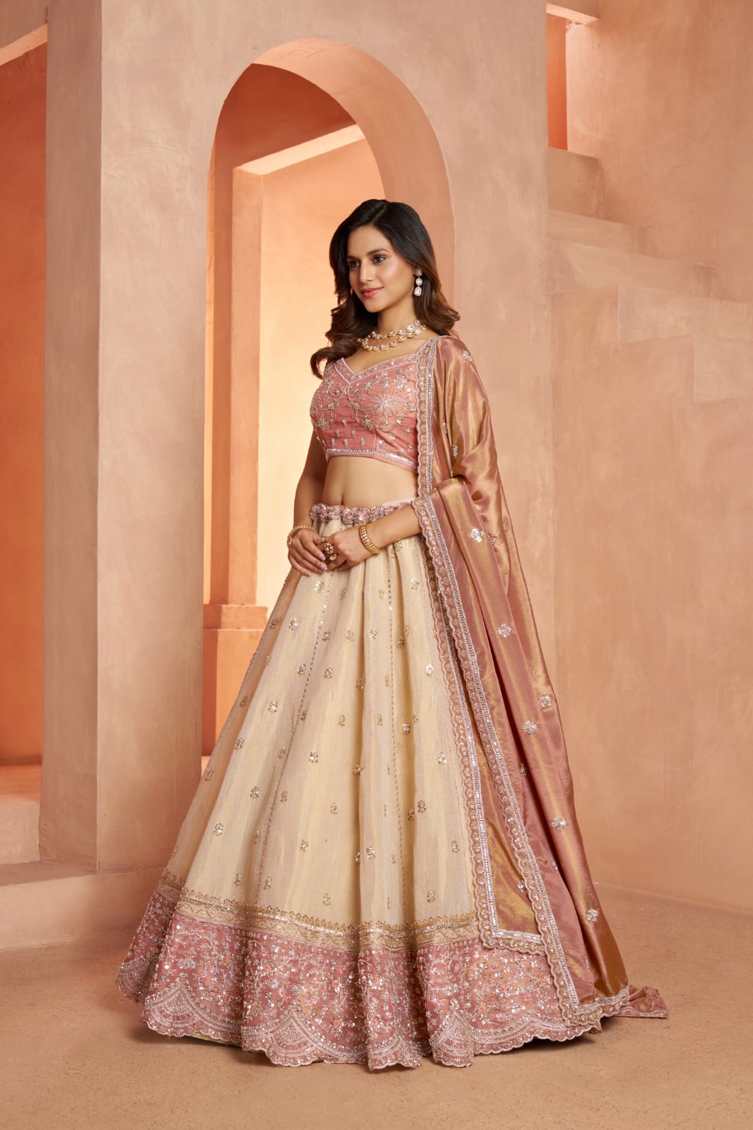 Pink Beige Kanjivaram Tissue Silk Embroidered Lehenga Choli