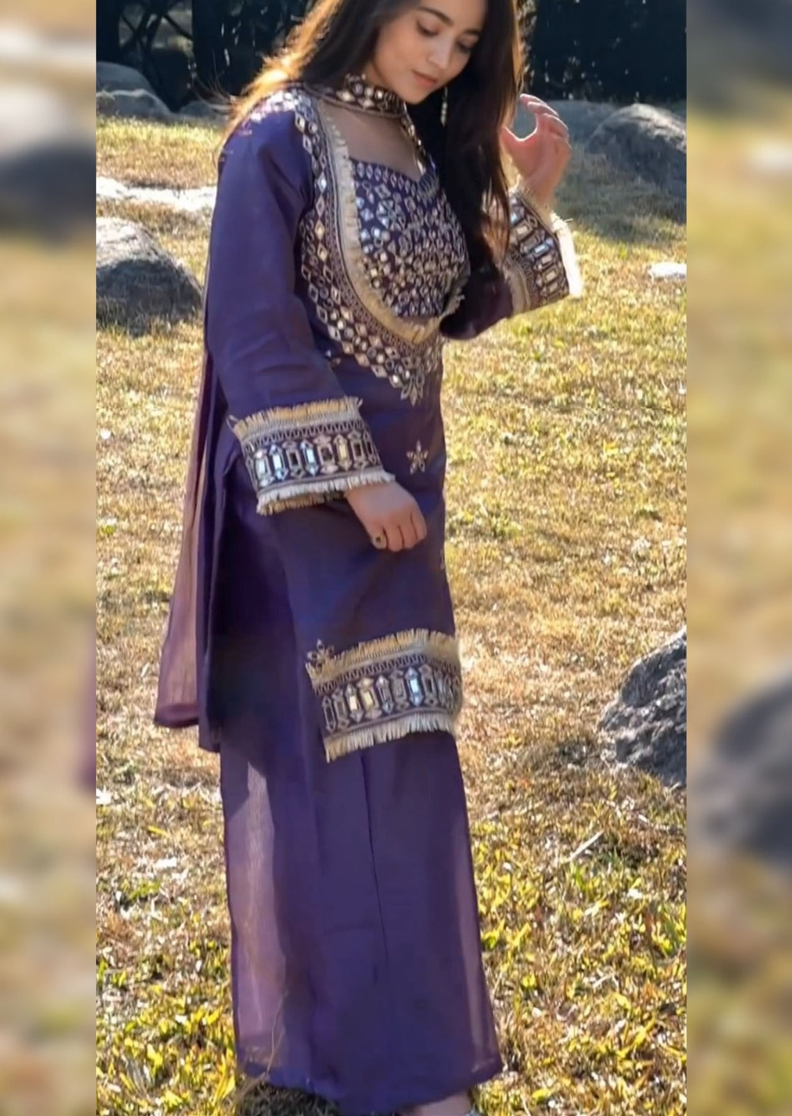 Purple Pure Premium Roman Silk Heavy Embroidery Work Kurti Pent With Dupatta