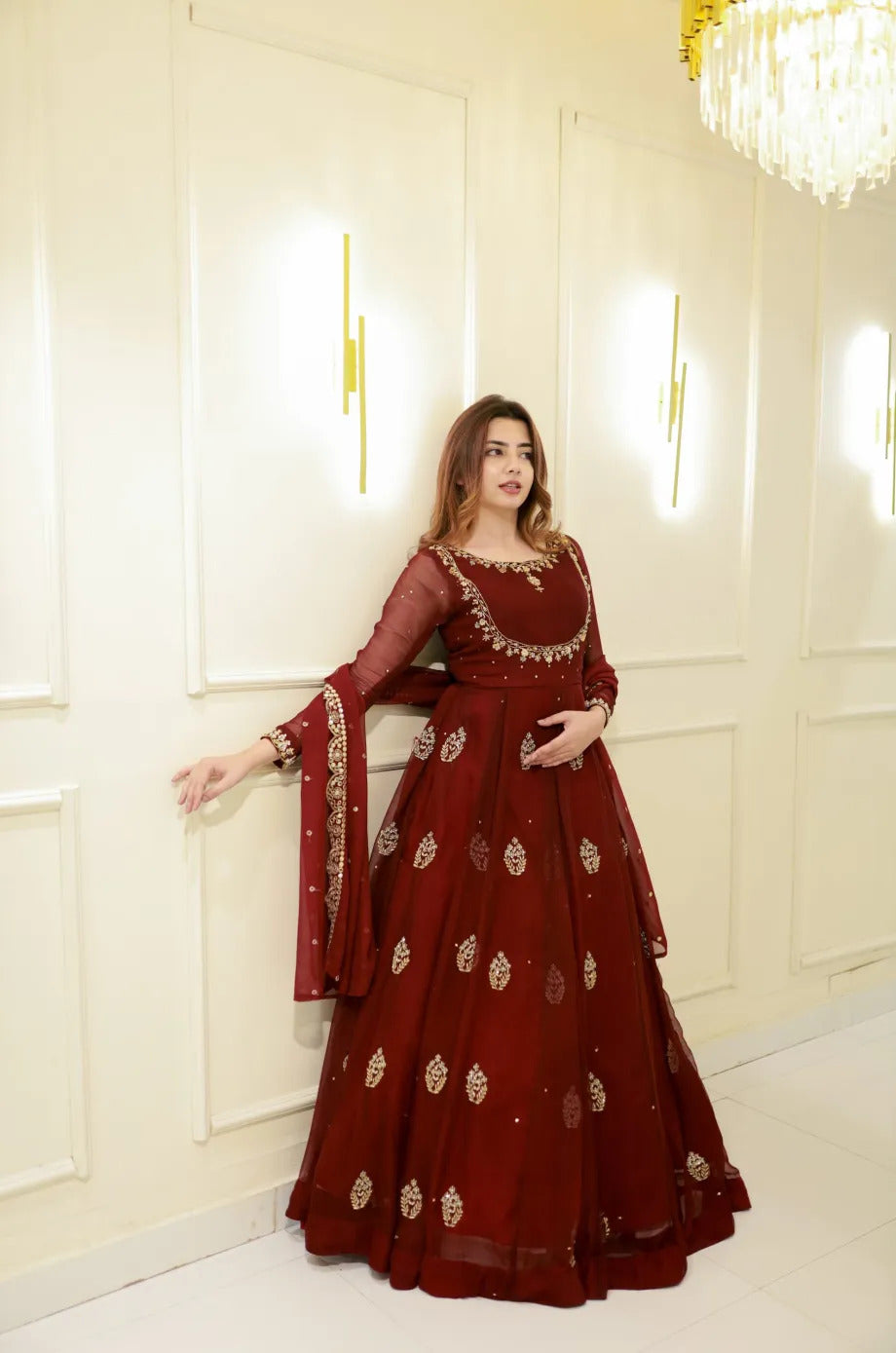Wine Pure Georgette Thread Embroidery Sequins Work Anarkali Long Gown