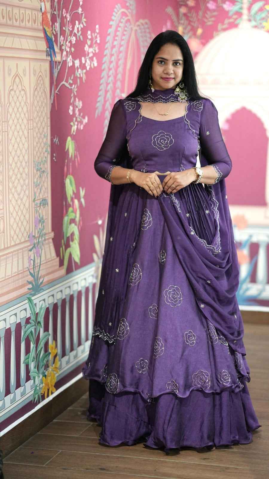 Purple Pure Vertical Viscose Thread Embroidery Sequins Work Anarkali Long Gown