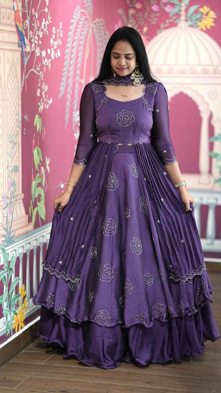 Purple Pure Vertical Viscose Thread Embroidery Sequins Work Anarkali Long Gown