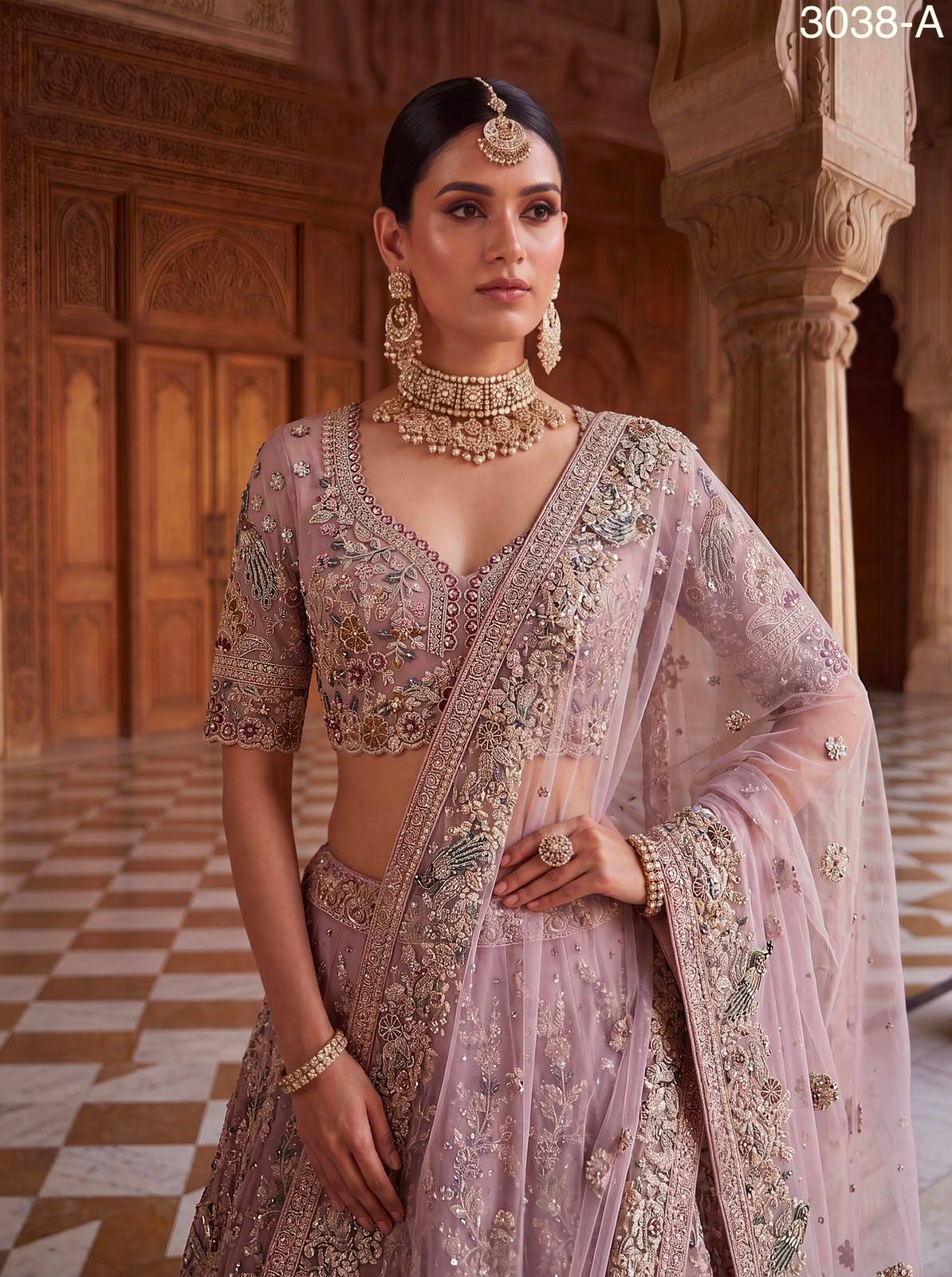Pink Pure Heavy Net Sequins Sequins Zari Embroidery Work Net Bridal Lehenga Choli