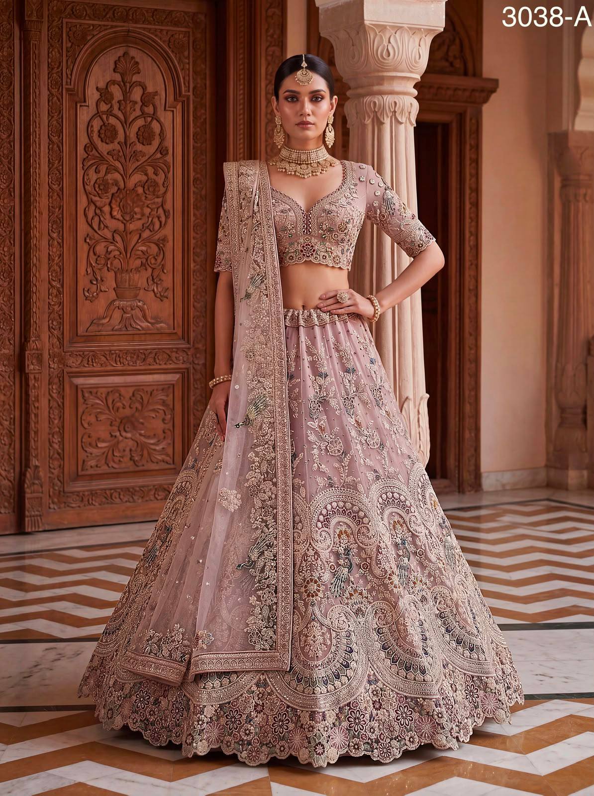 Pink Pure Heavy Net Sequins Sequins Zari Embroidery Work Net Bridal Lehenga Choli