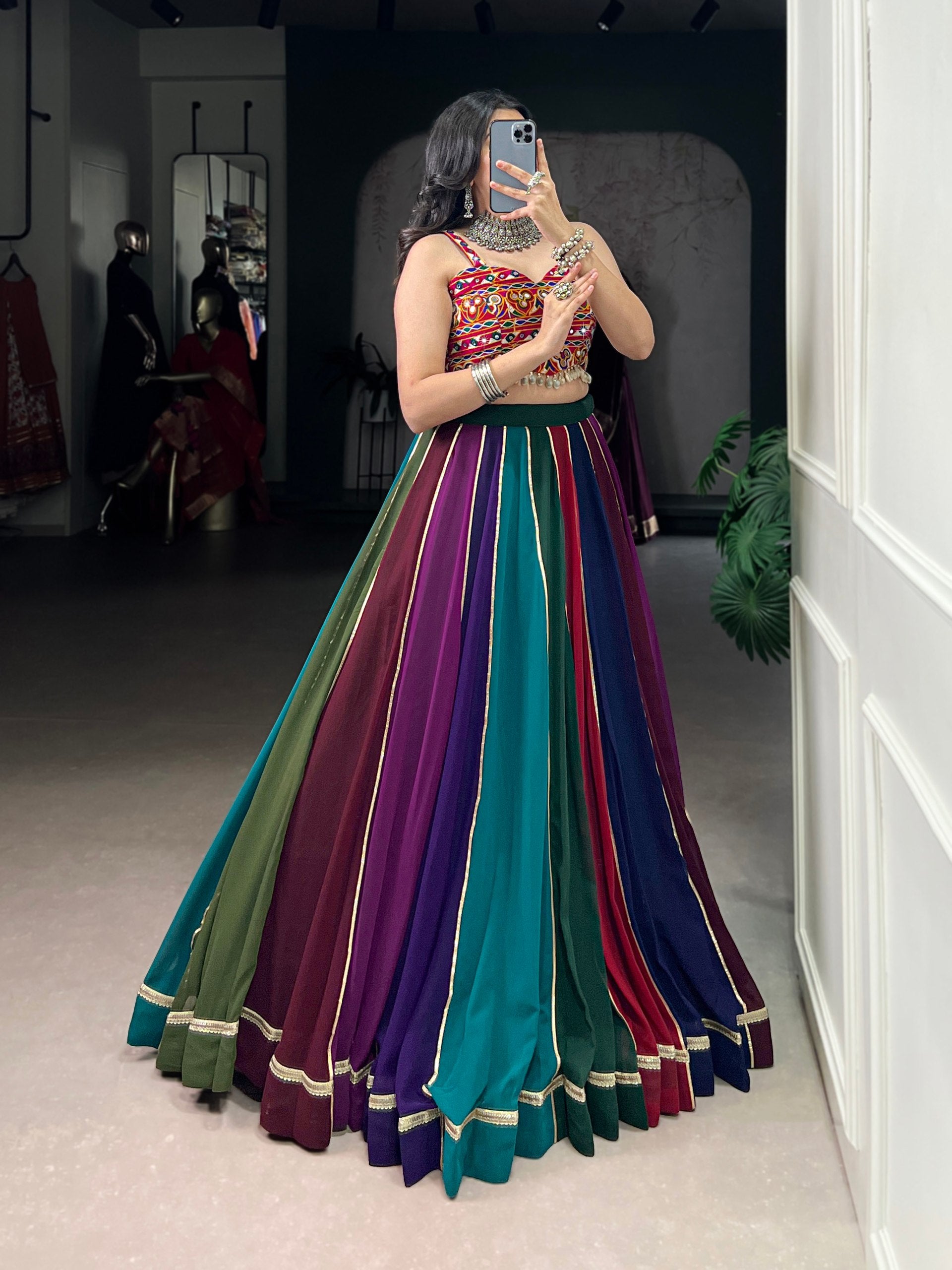Multicolour Pure Georgette Gotta Patti Work Navratri Lehenga Choli