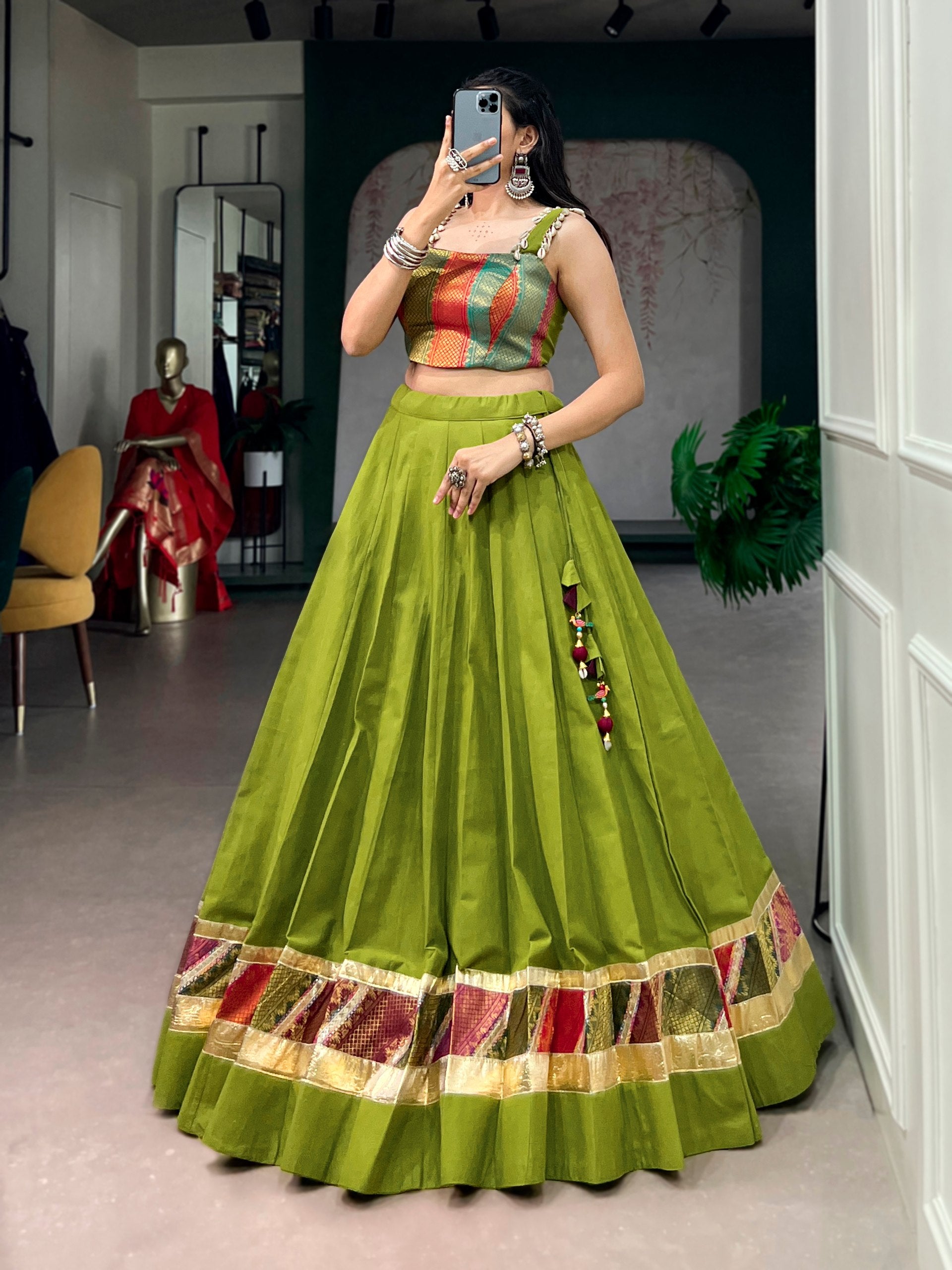 Parrot Pure Reyon Cotton Zari Weaving Work Navratri Lehenga Choli
