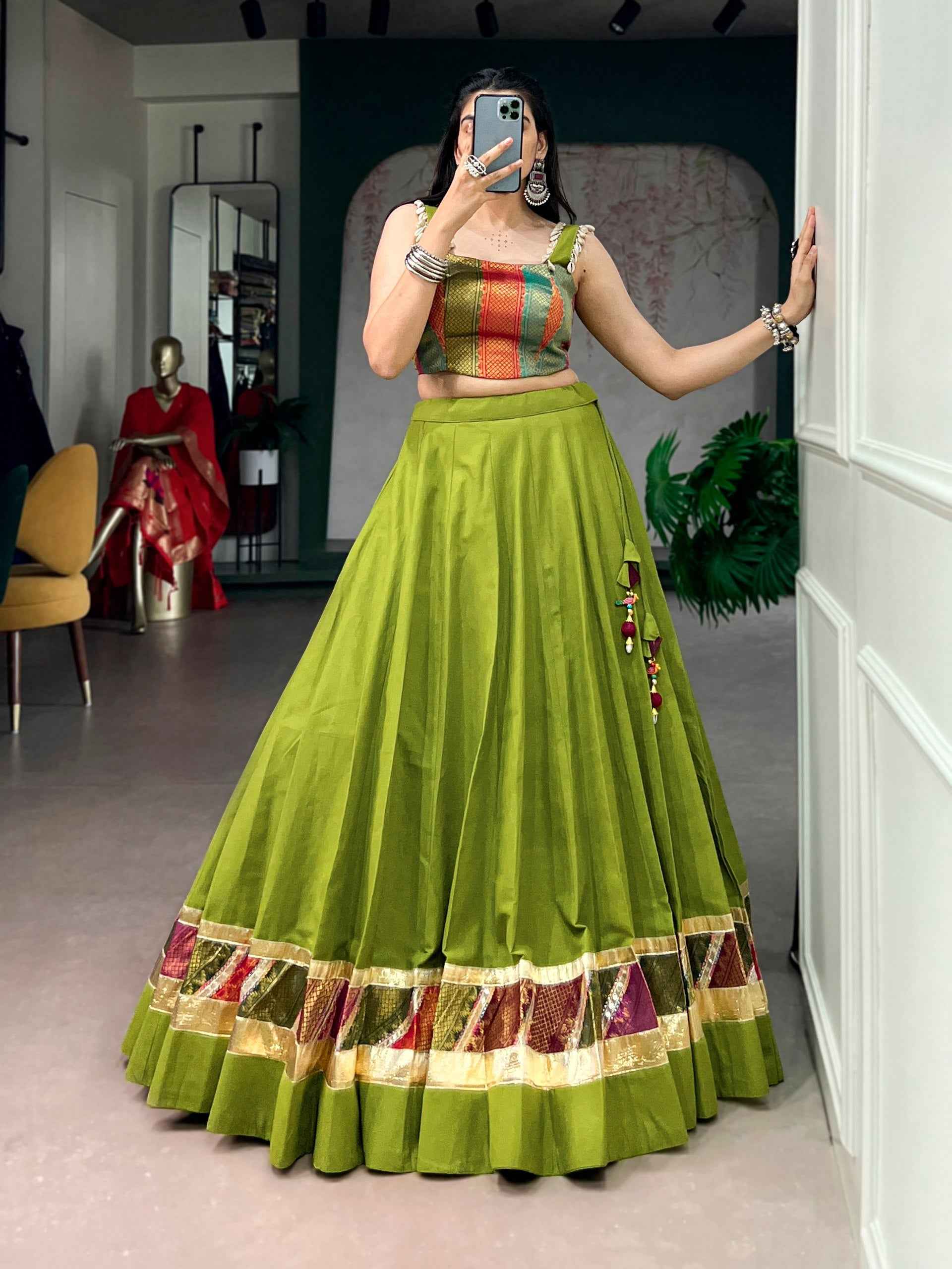 Parrot Pure Reyon Cotton Zari Weaving Work Navratri Lehenga Choli