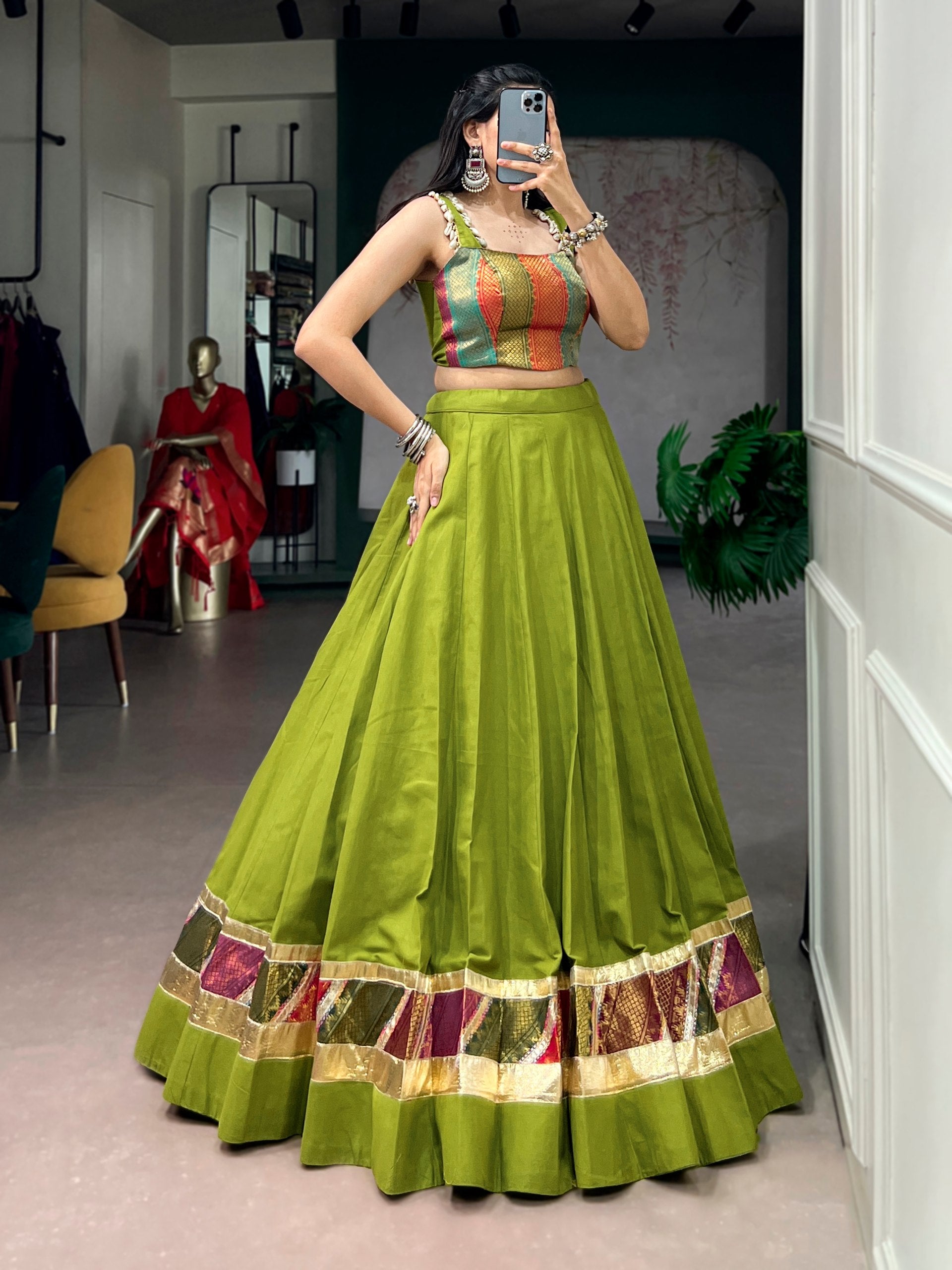 Parrot Pure Reyon Cotton Zari Weaving Work Navratri Lehenga Choli