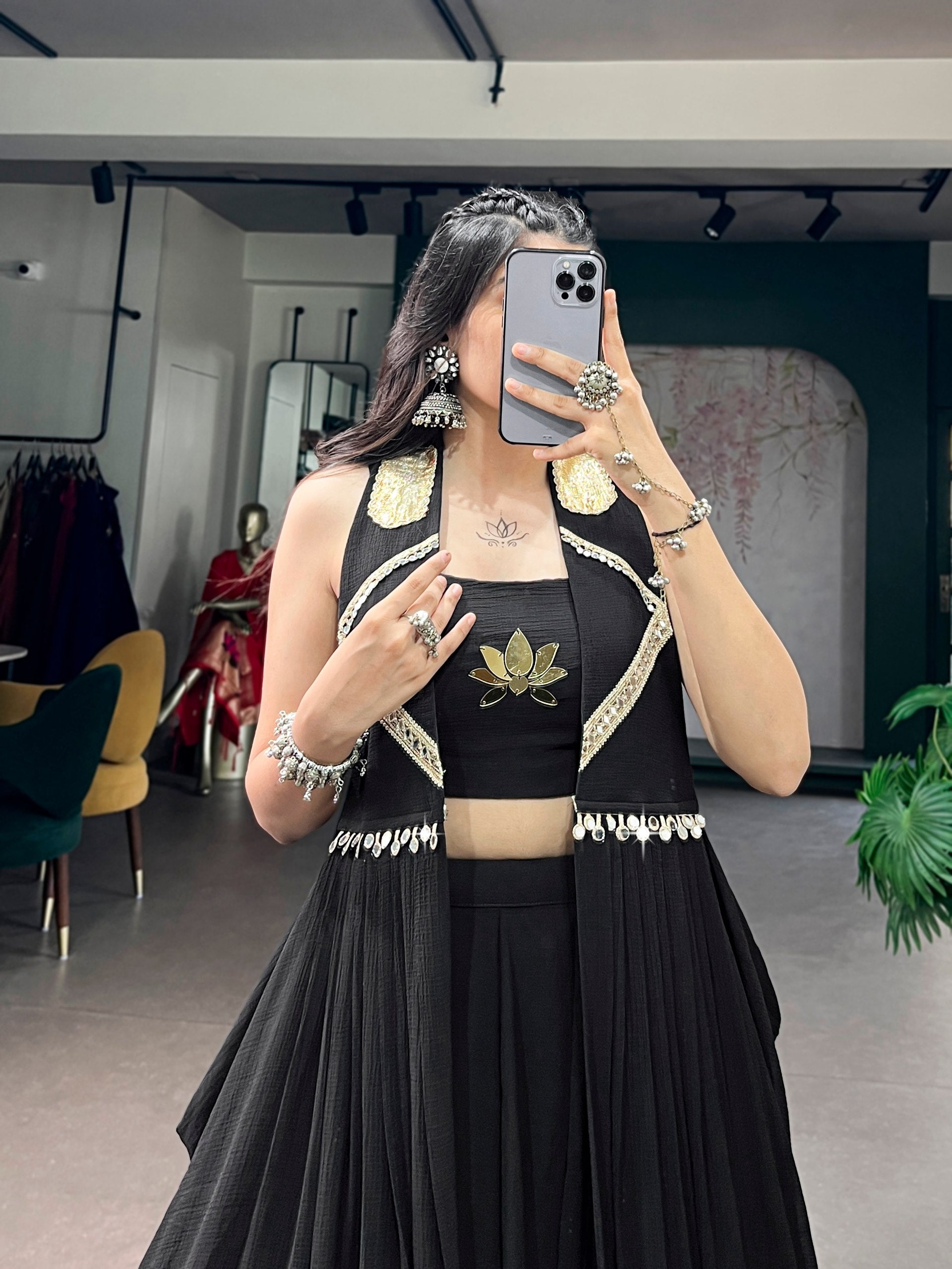 Black Pure Reyon Cotton Lotus Handwork Navratri Lehenga Choli