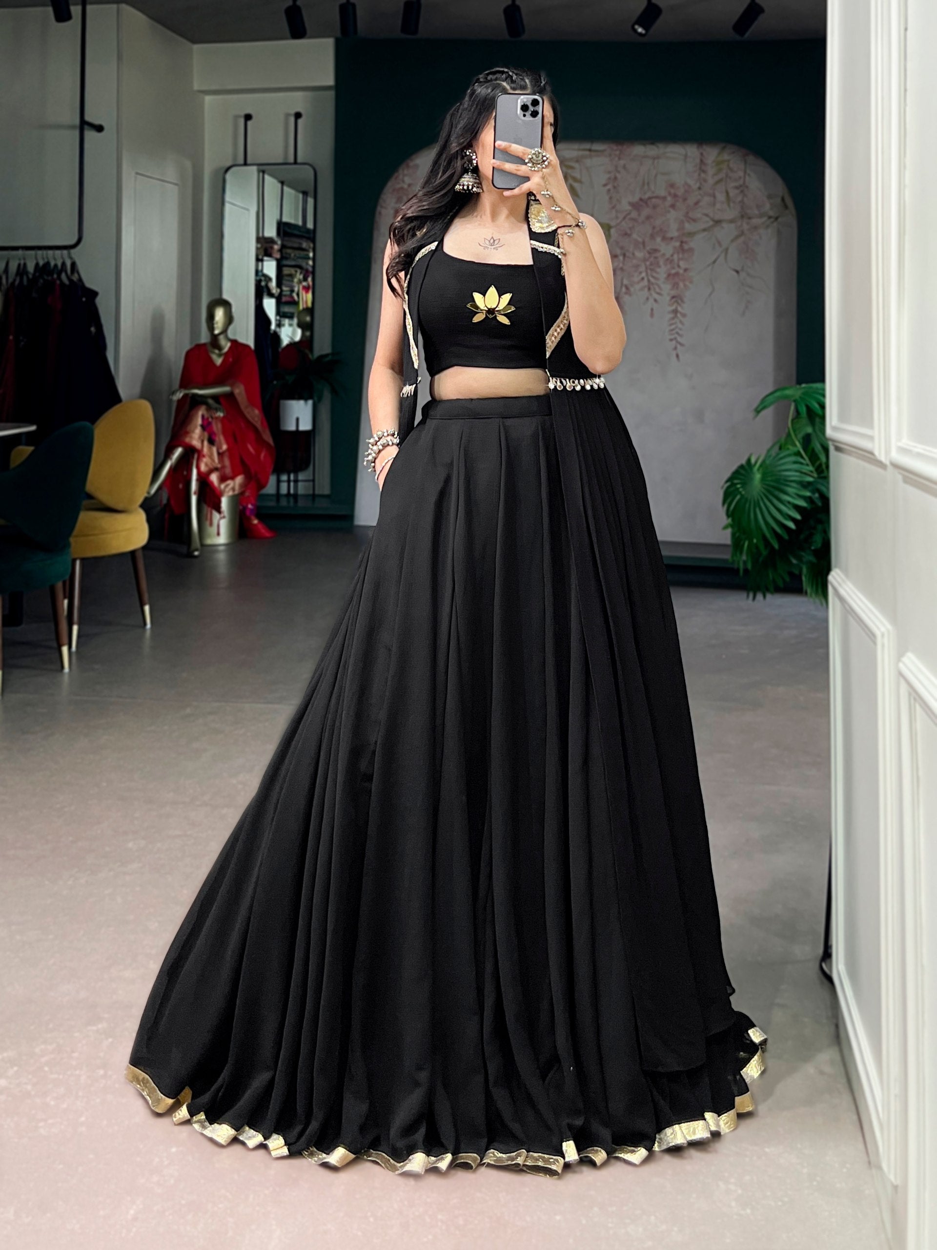 Black Pure Reyon Cotton Lotus Handwork Navratri Lehenga Choli