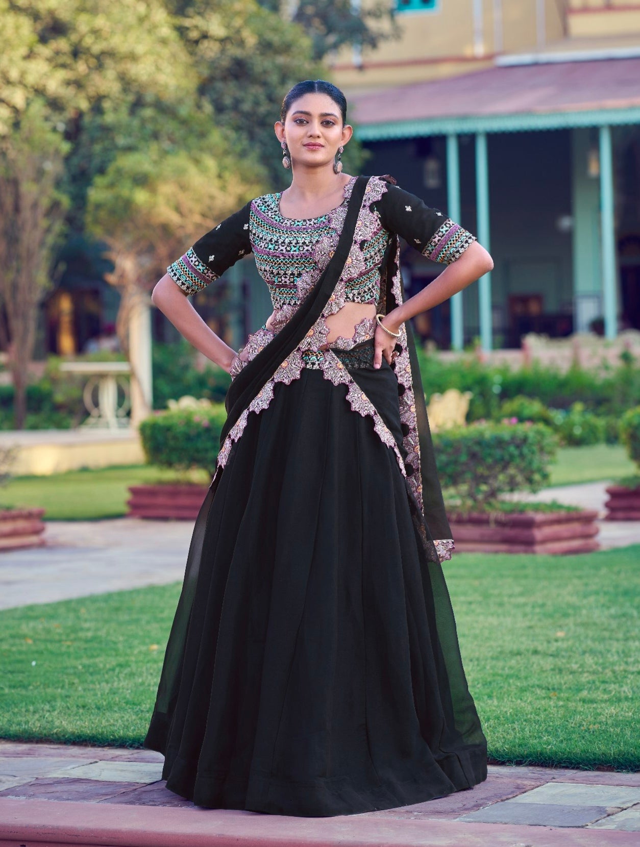 Black Pure Aurum Georgette Silk Thread & Sequins Work Lehenga Choli