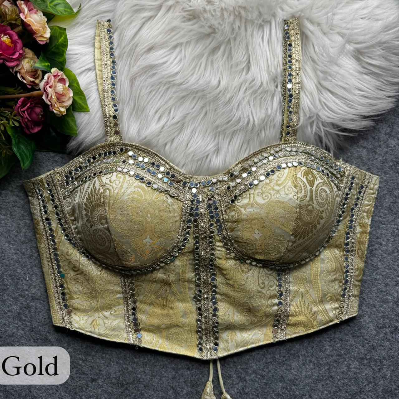 Gold Pure Heavy Banarasi With Real Mirror Work Bridal Blouse