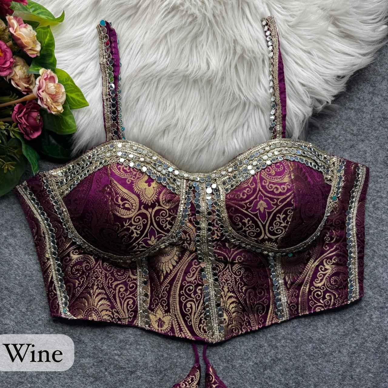 Wine Pure Heavy Banarasi With Real Mirror Work Bridal Blouse