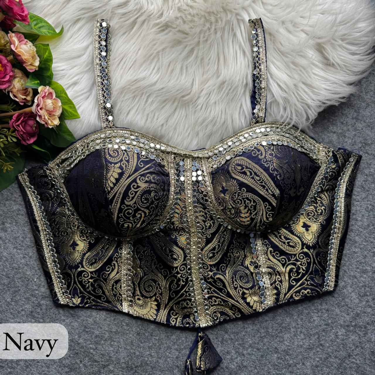 Navy Pure Heavy Banarasi With Real Mirror Work Bridal Blouse