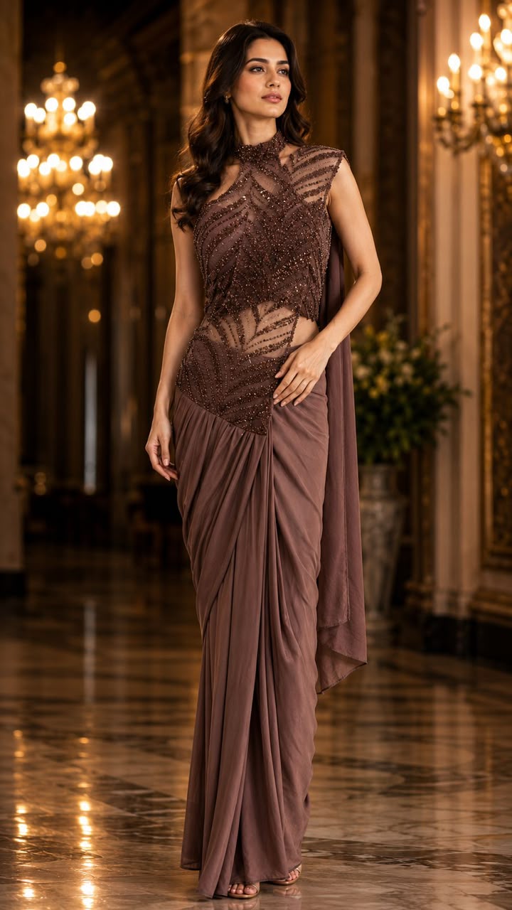 Brown Pure Imported Fendi Silk Ready to Wear Saree