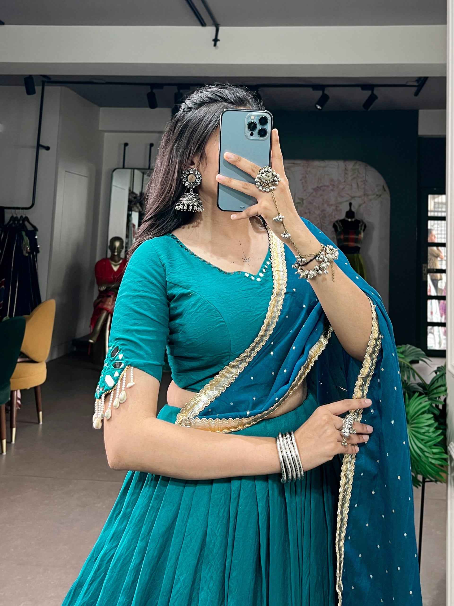 Sky Pure Chanderi Mirror & Kodi Work Navratri Lehenga Choli