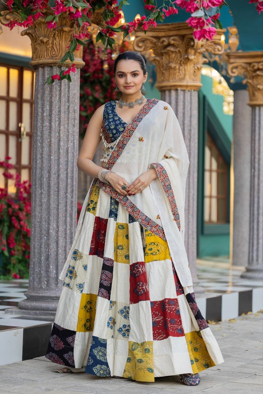 Multicolor Pure Cotton Ajrakh Natural Hand Block Printed Navratri Lehenga Choli
