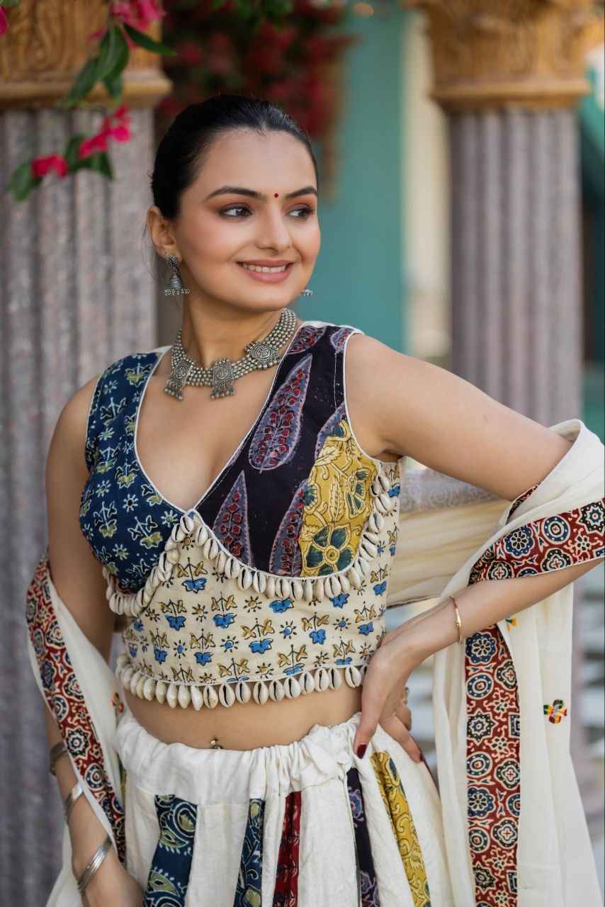 Multicolor Pure Cotton Ajrakh Natural Hand Block Printed Navratri Lehenga Choli