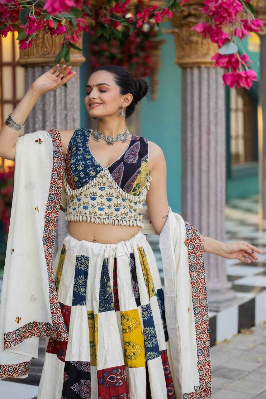 Multicolor Pure Cotton Ajrakh Natural Hand Block Printed Navratri Lehenga Choli