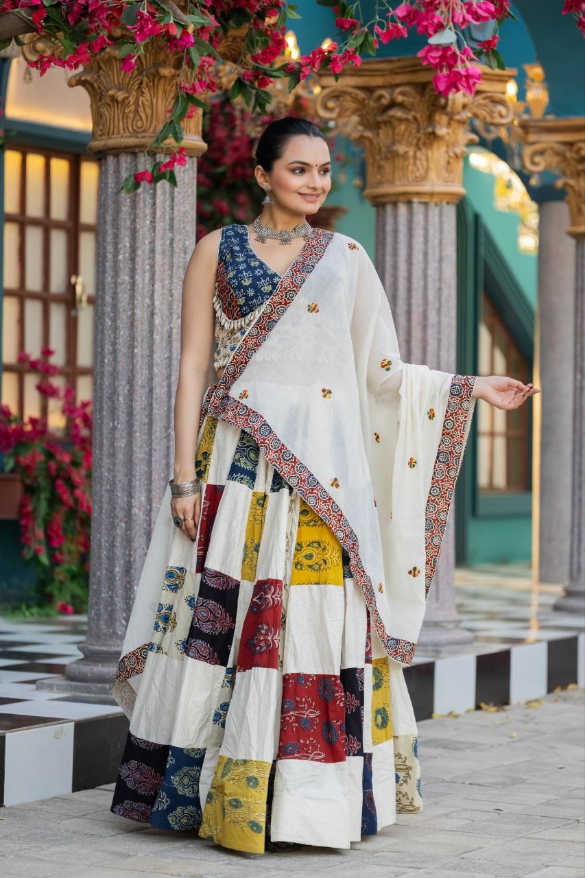 Multicolor Pure Cotton Ajrakh Natural Hand Block Printed Navratri Lehenga Choli