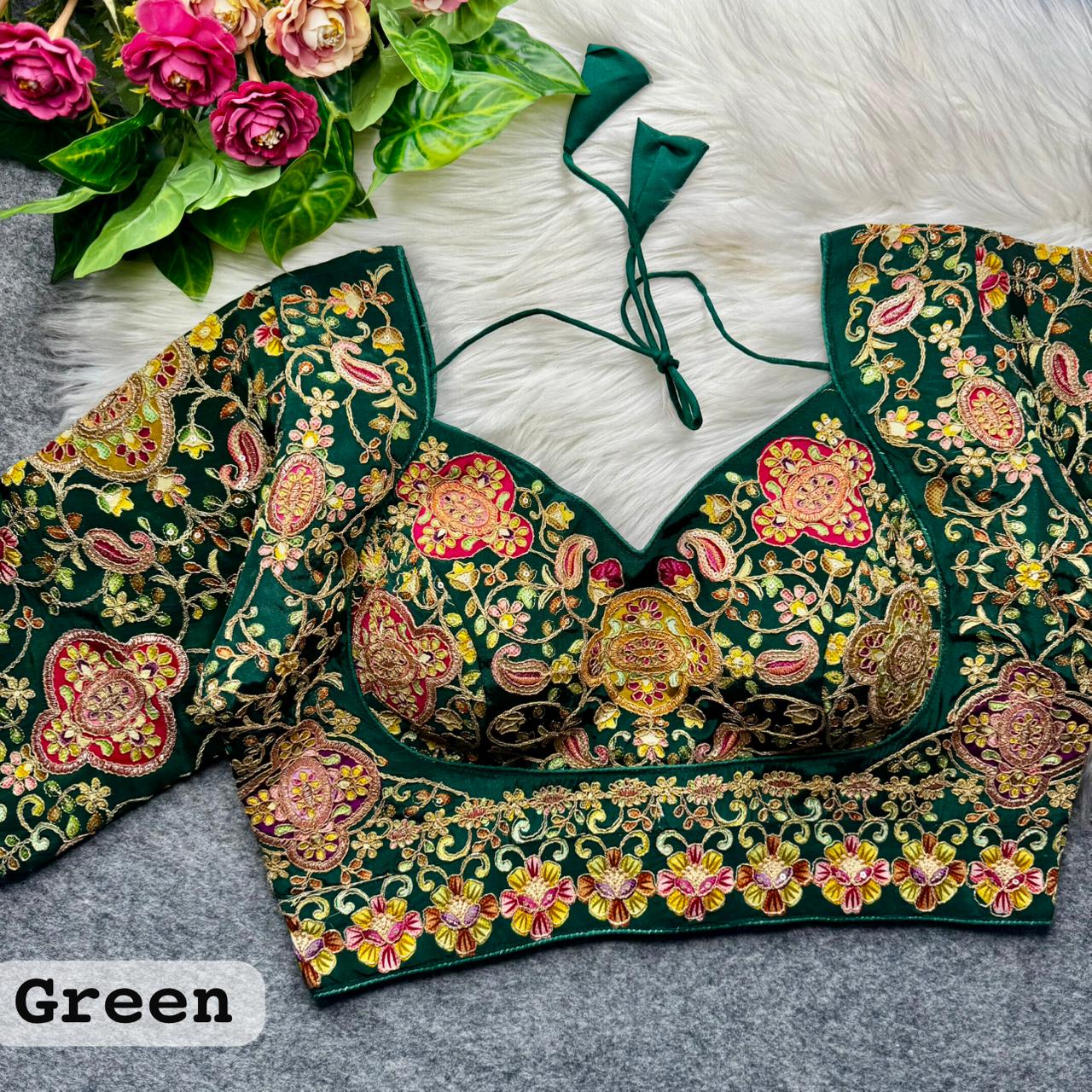 Green Pure Heavy Natural Crape Madhubala Style Bridal Blouse