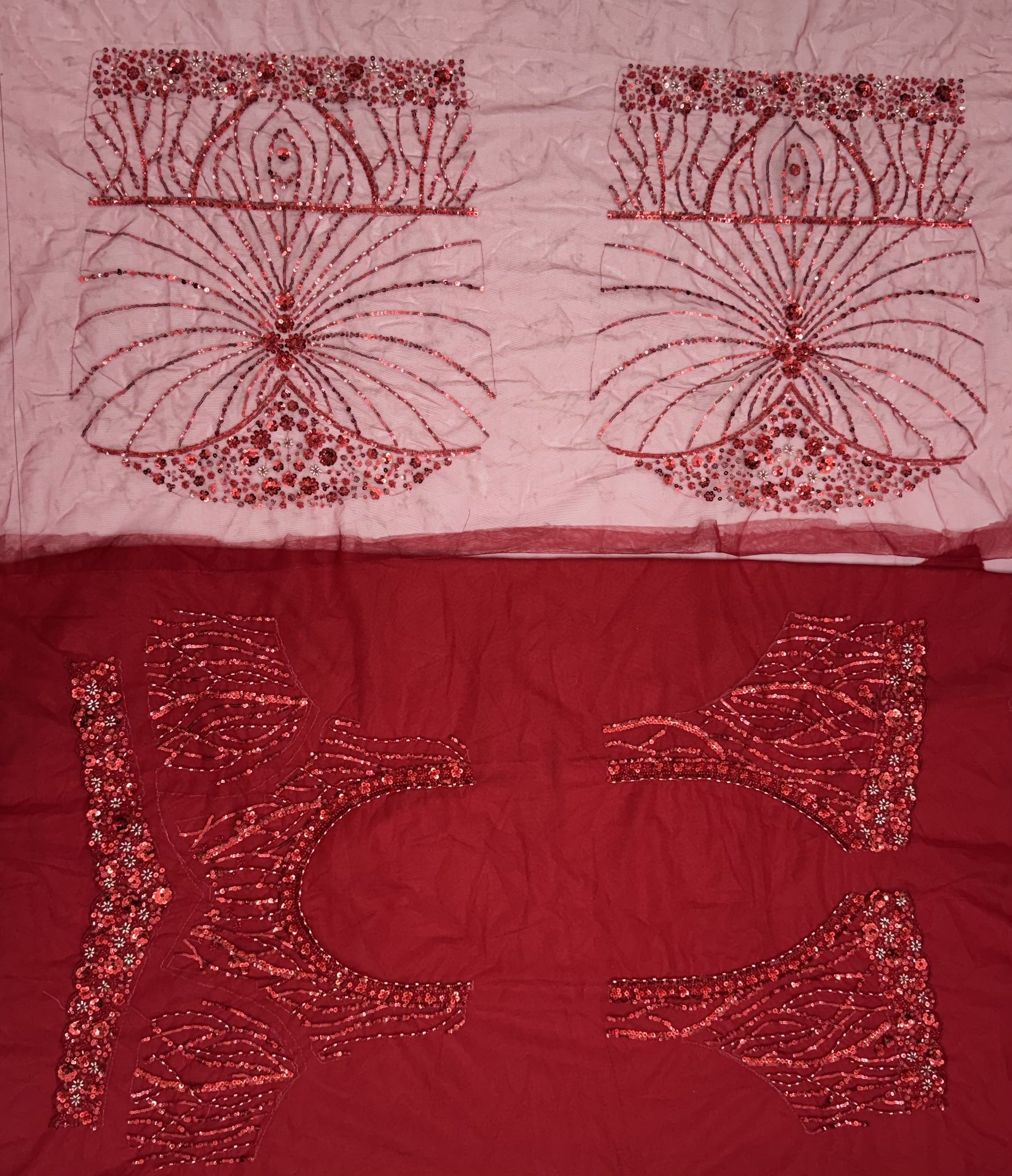 Red Pure Heavy Net Monochrome Sequins Zari Embroidery Work Net Bridal Lehenga Choli