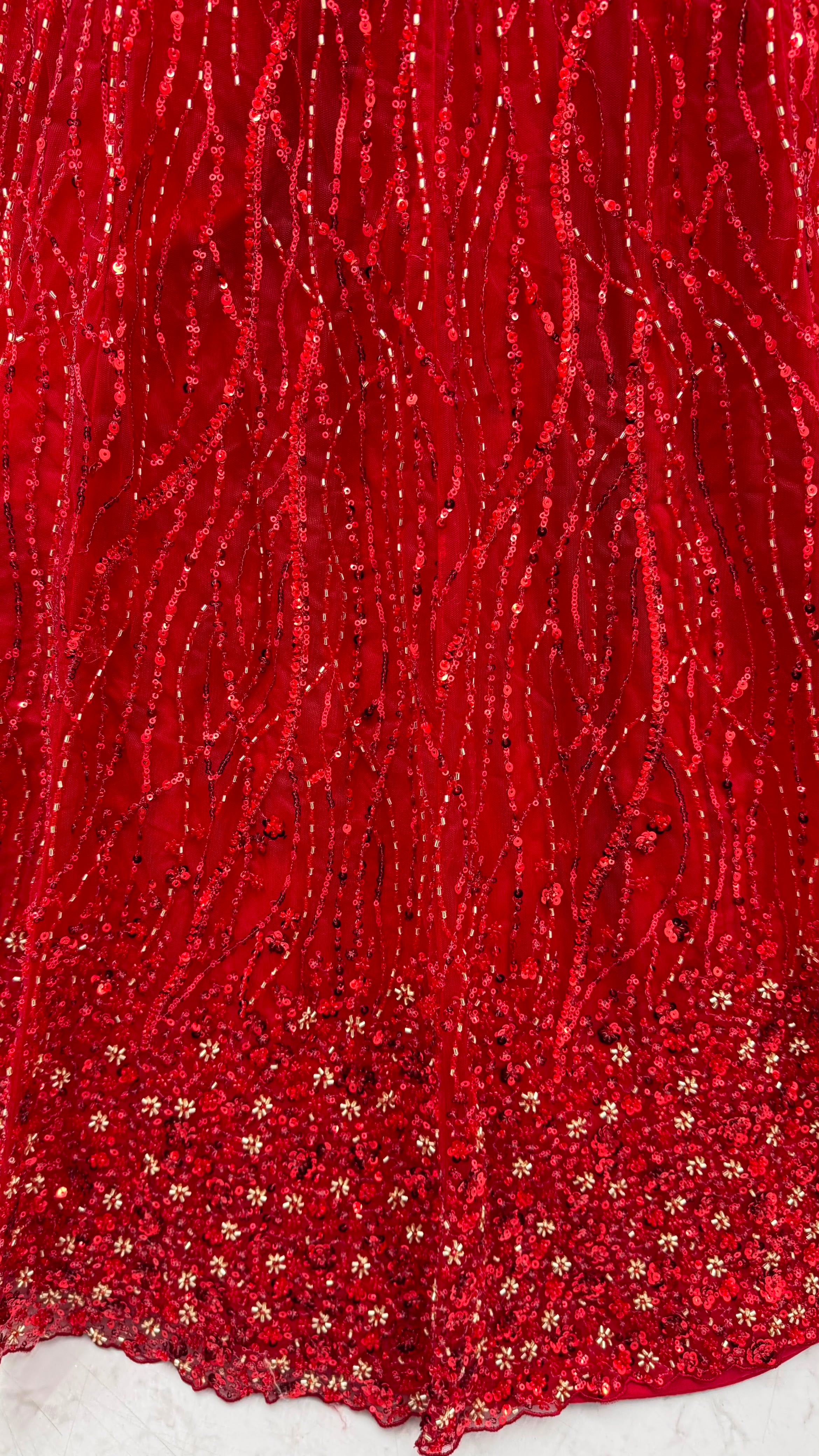 Red Pure Heavy Net Monochrome Sequins Zari Embroidery Work Net Bridal Lehenga Choli