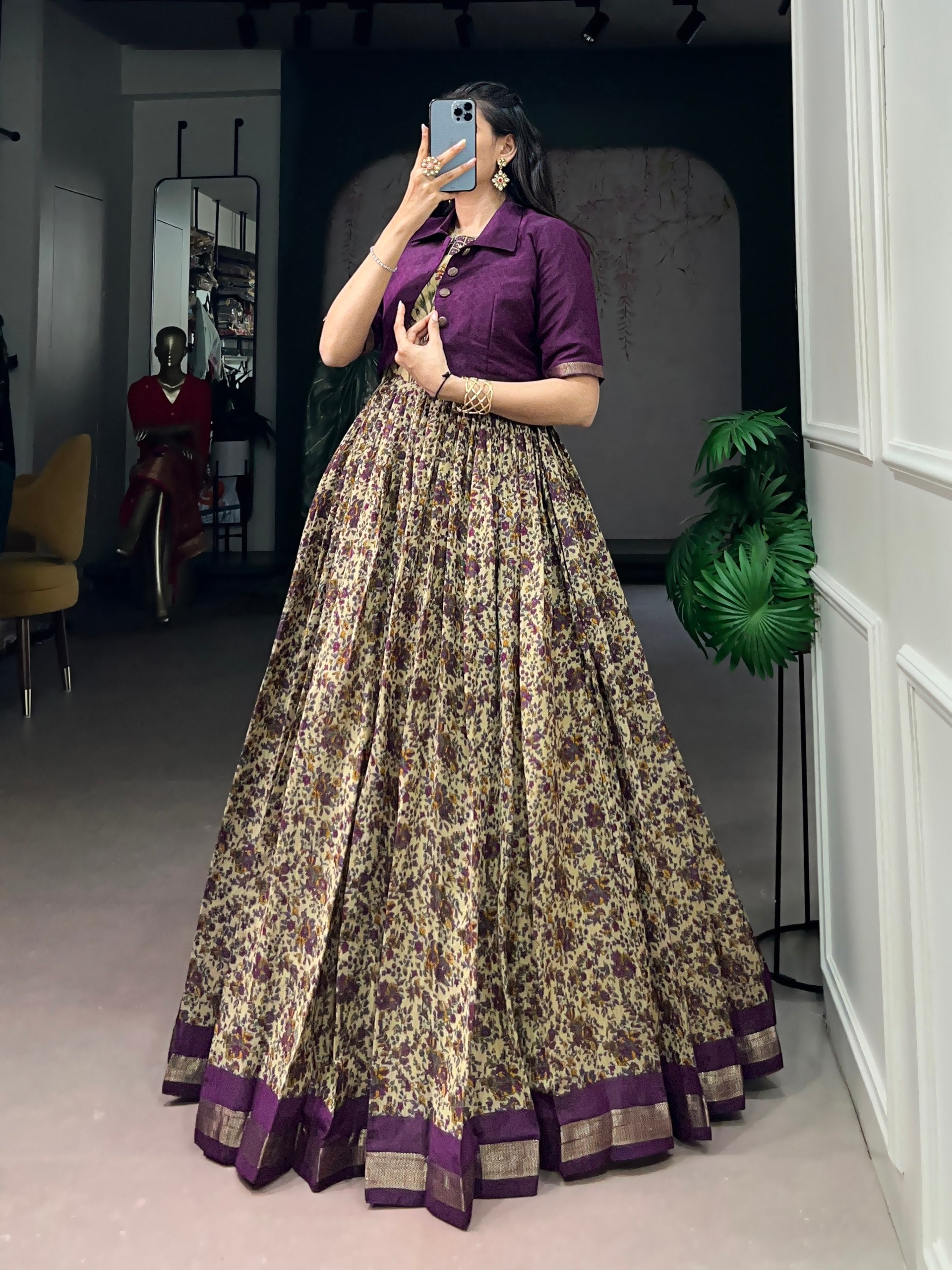 Wine Pure Polyester Viscose Chanderi Cotton Printed Anarkali Long Gown