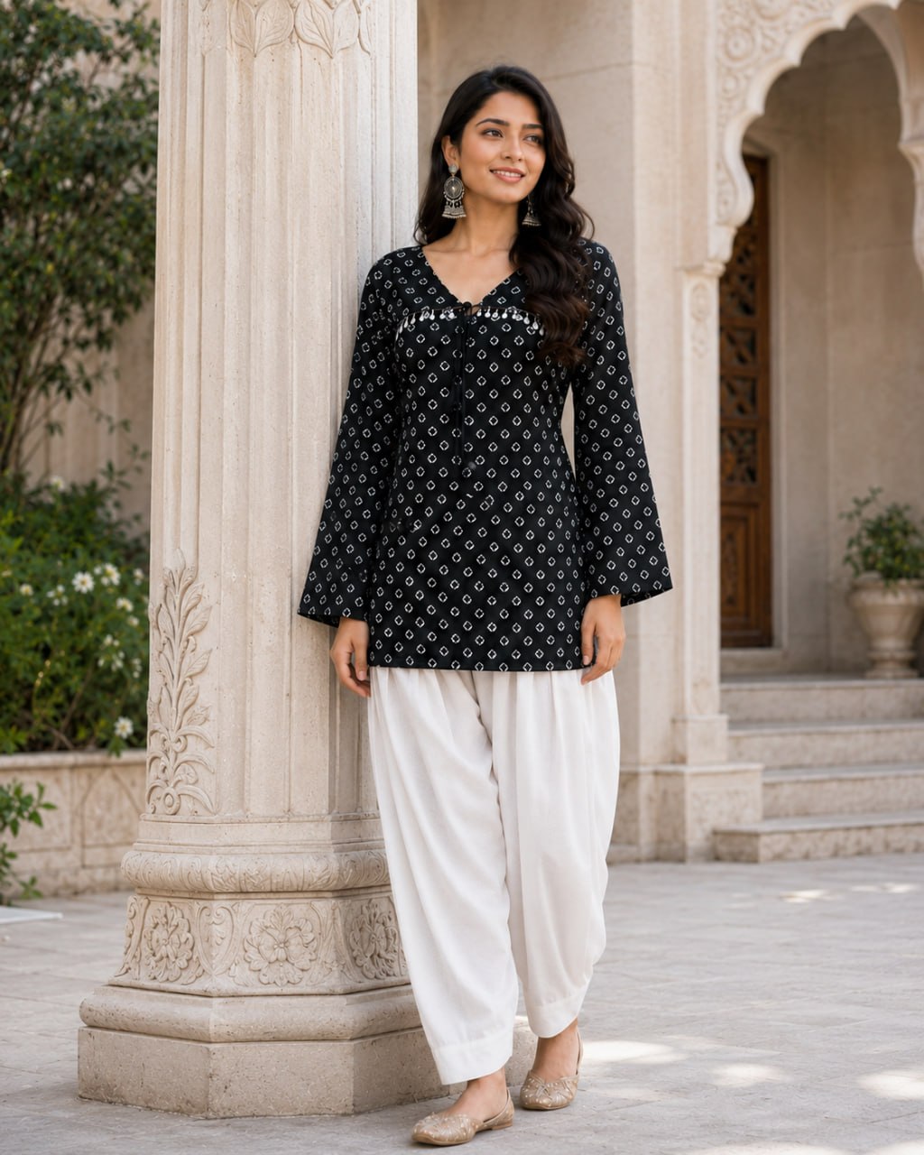 Black Pure Cotton With Bandhej Print Readymade Kurti With Top