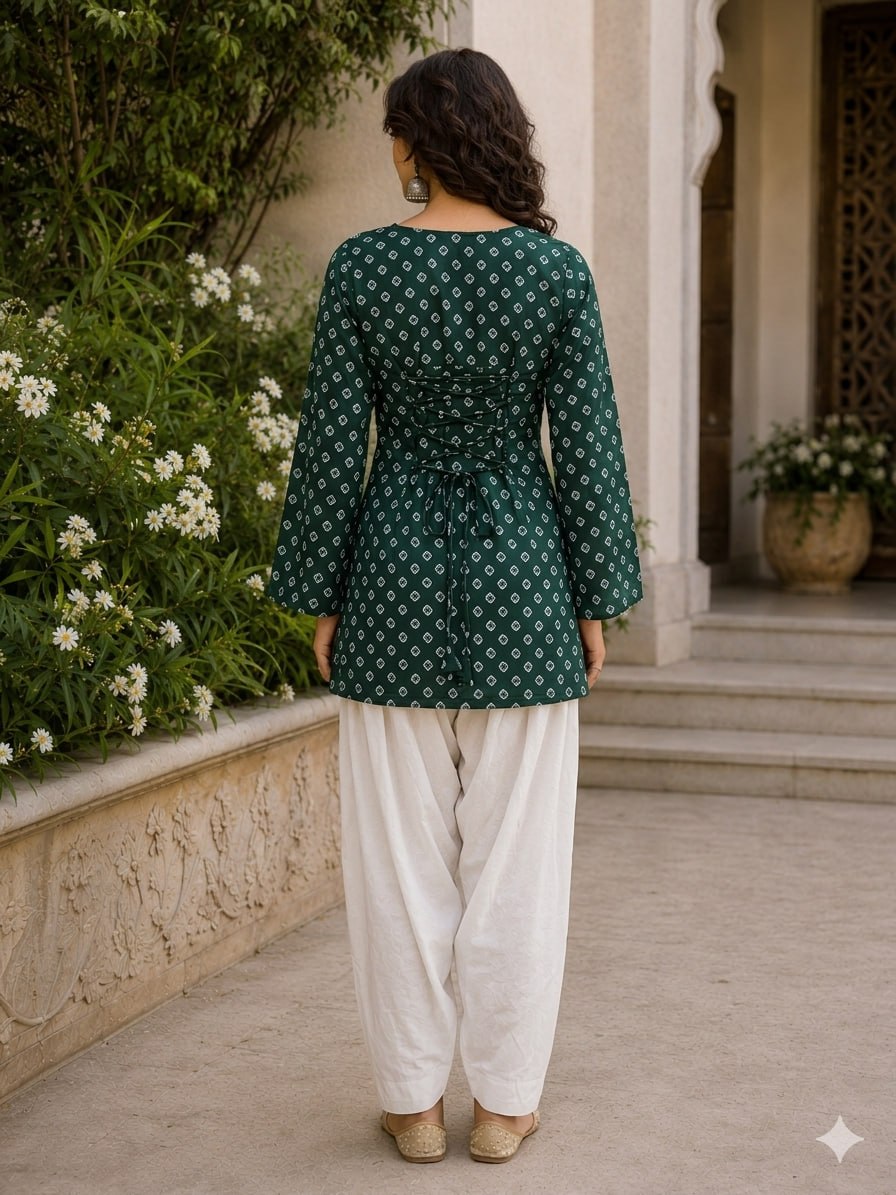 Green Pure Cotton With Bandhej Print Readymade Kurti With Top