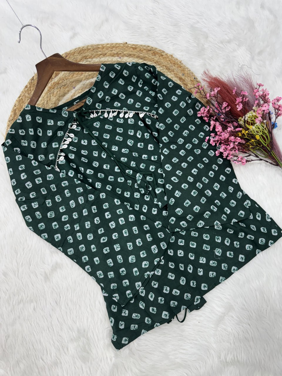 Green Pure Cotton With Bandhej Print Readymade Kurti With Top