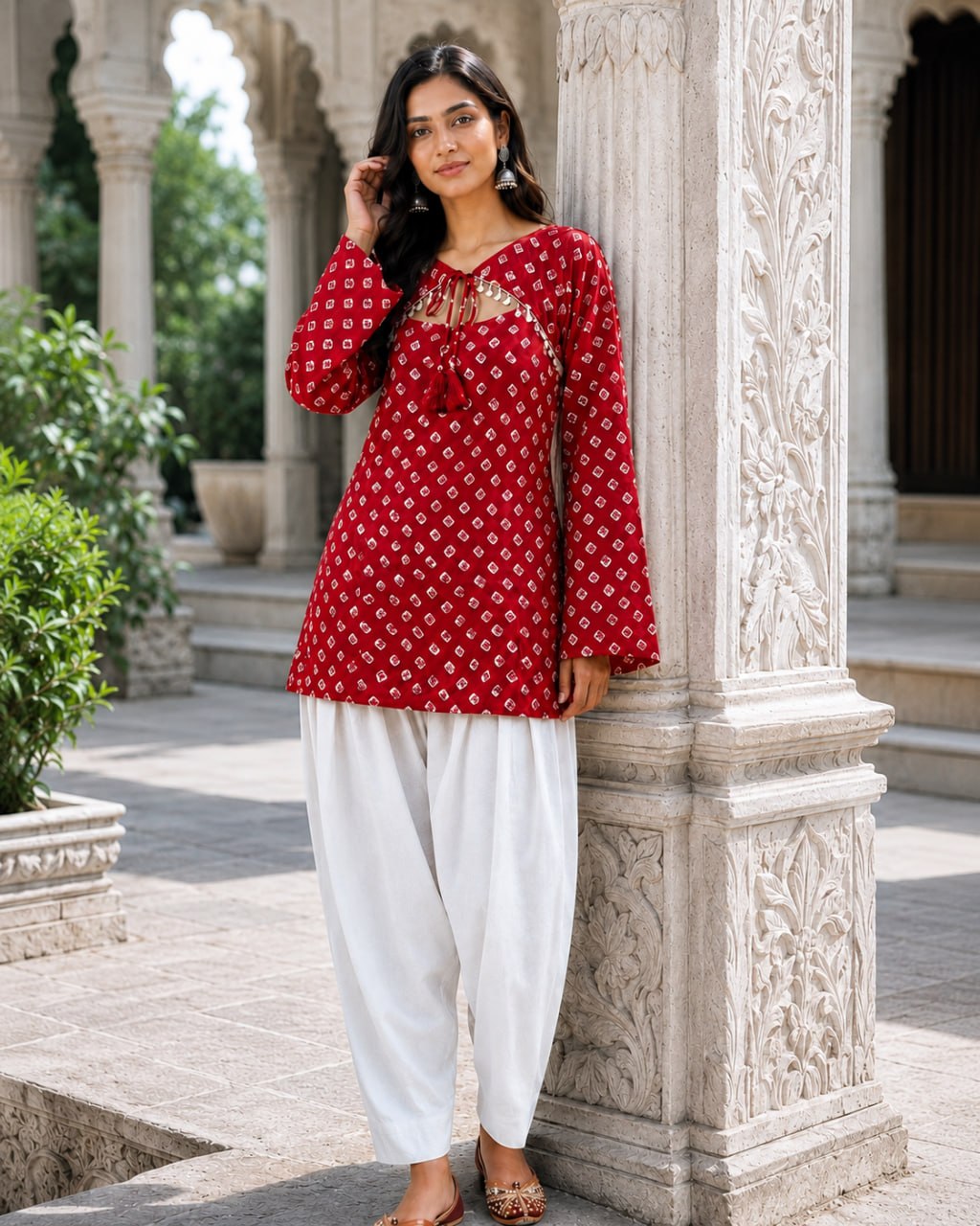 Red Pure Cotton With Bandhej Print Readymade Kurti With Top