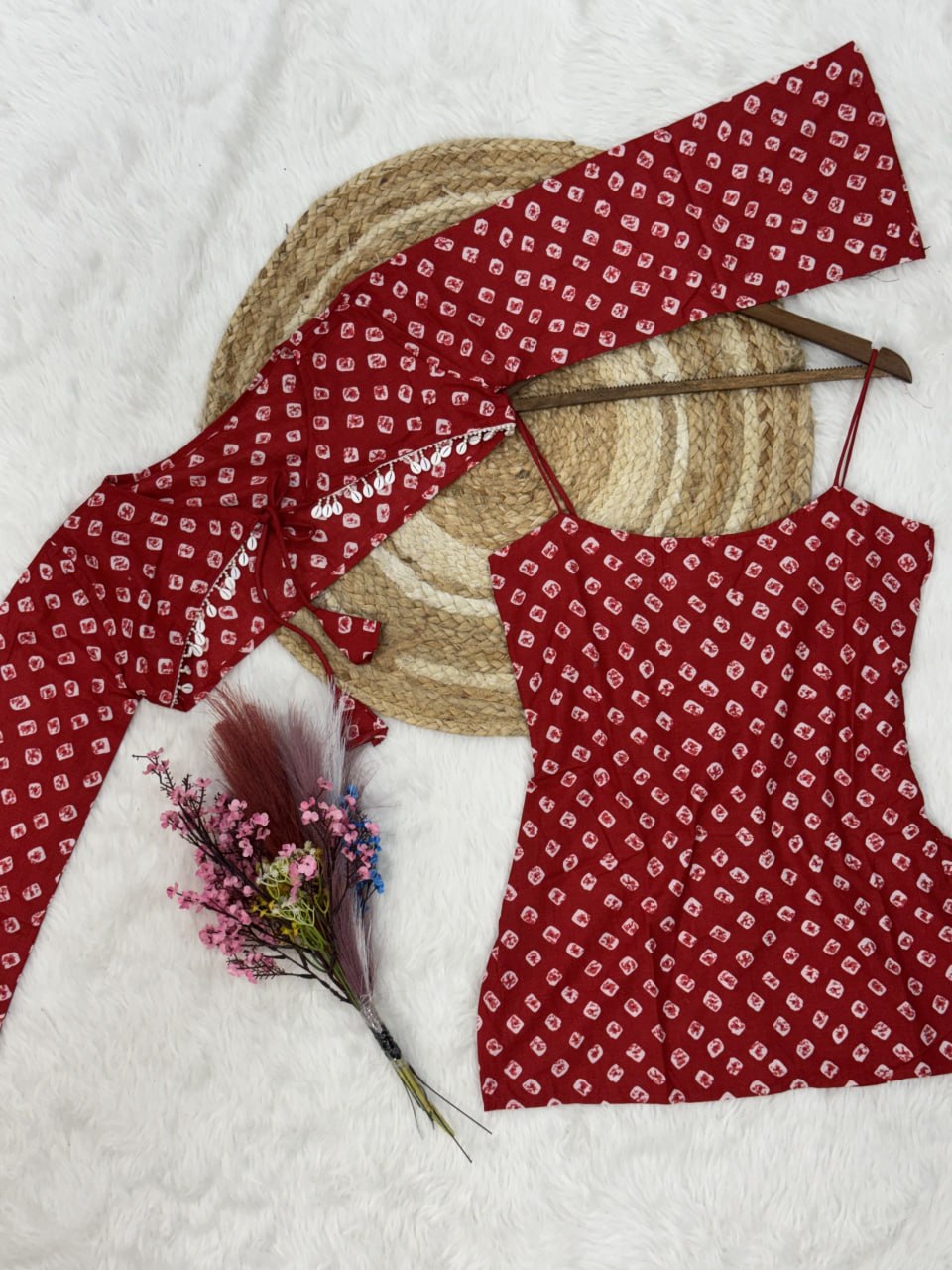 Red Pure Cotton With Bandhej Print Readymade Kurti With Top