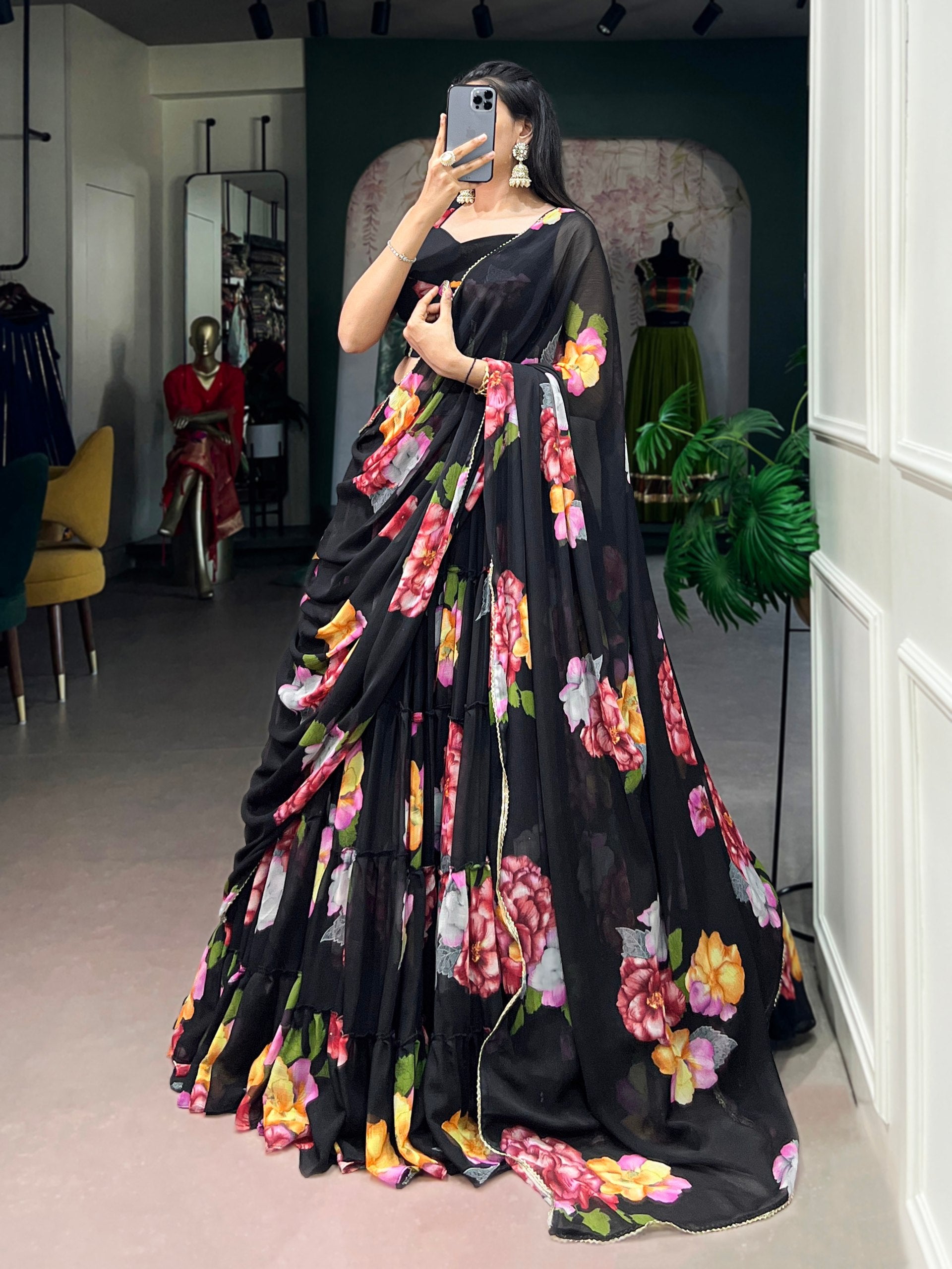 Black Pure Lightweight Chiffon Elegant Floral Printed Lehenga Choli