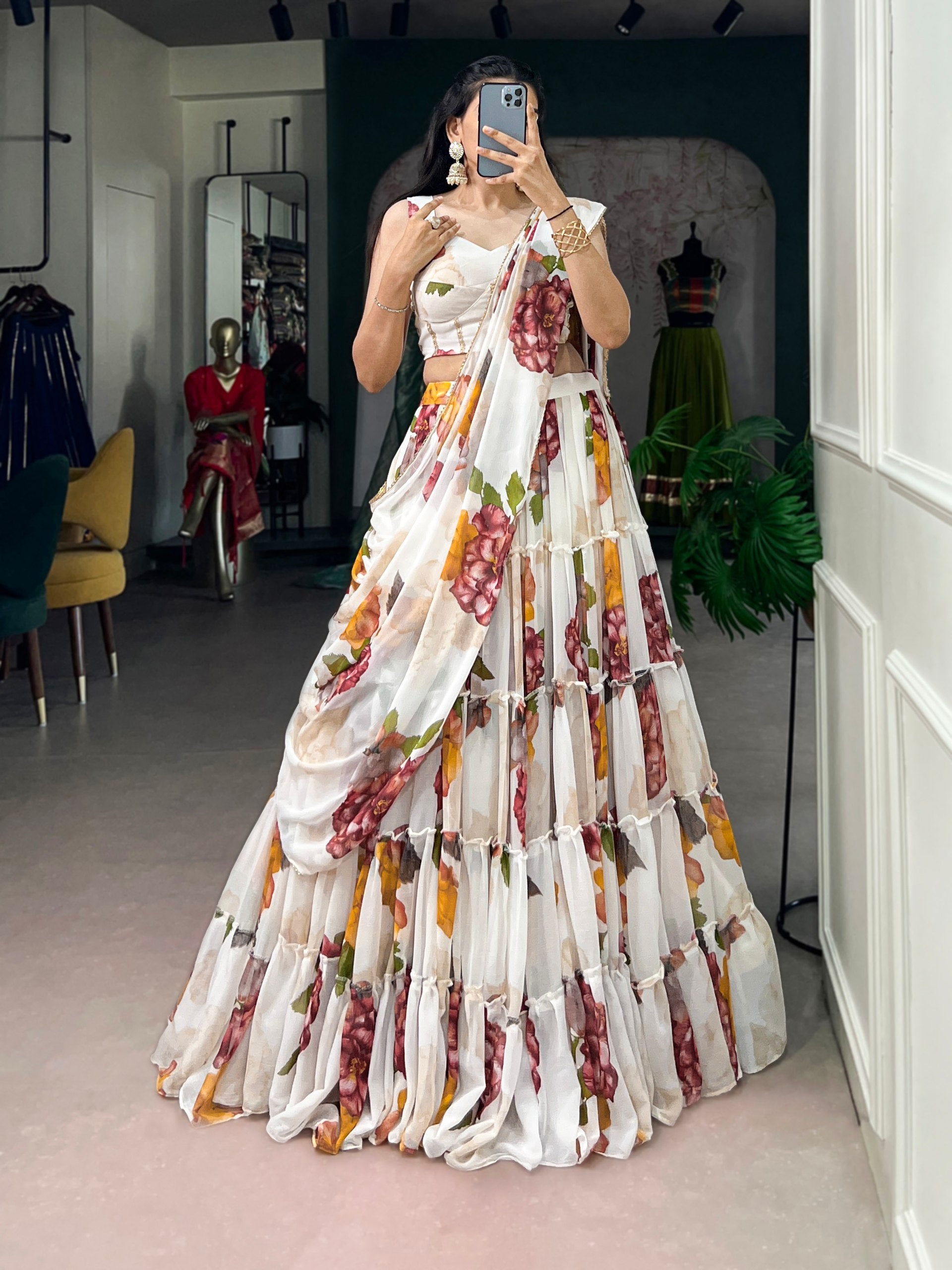 White Pure Lightweight Chiffon Elegant Floral Printed Lehenga Choli
