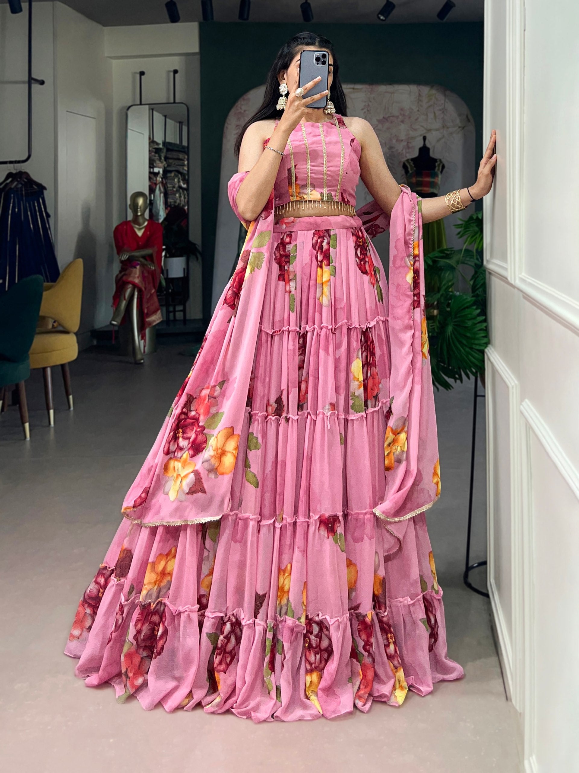 Pink Pure Lightweight Chiffon Elegant Floral Printed Lehenga Choli