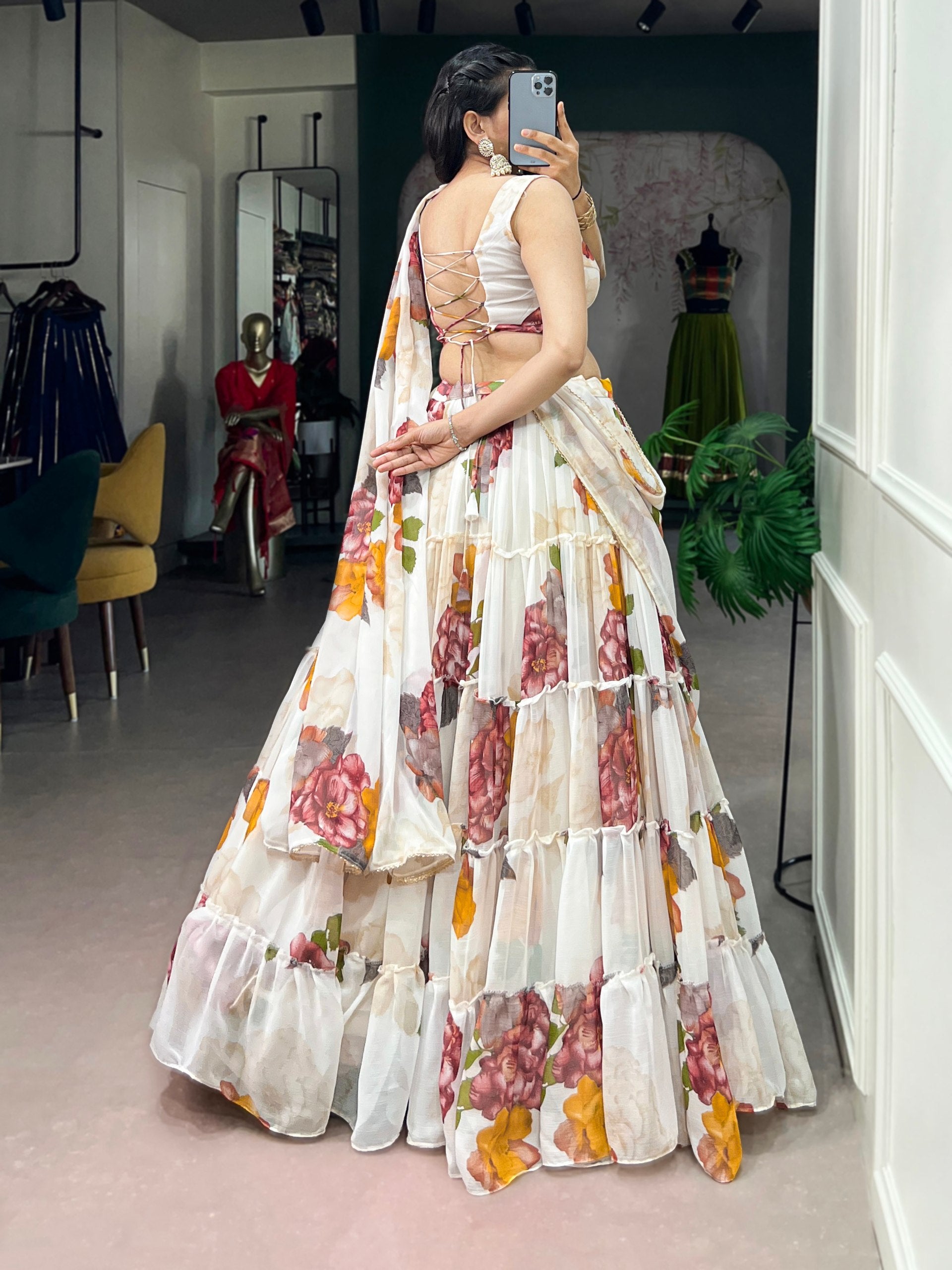 White Pure Lightweight Chiffon Elegant Floral Printed Lehenga Choli