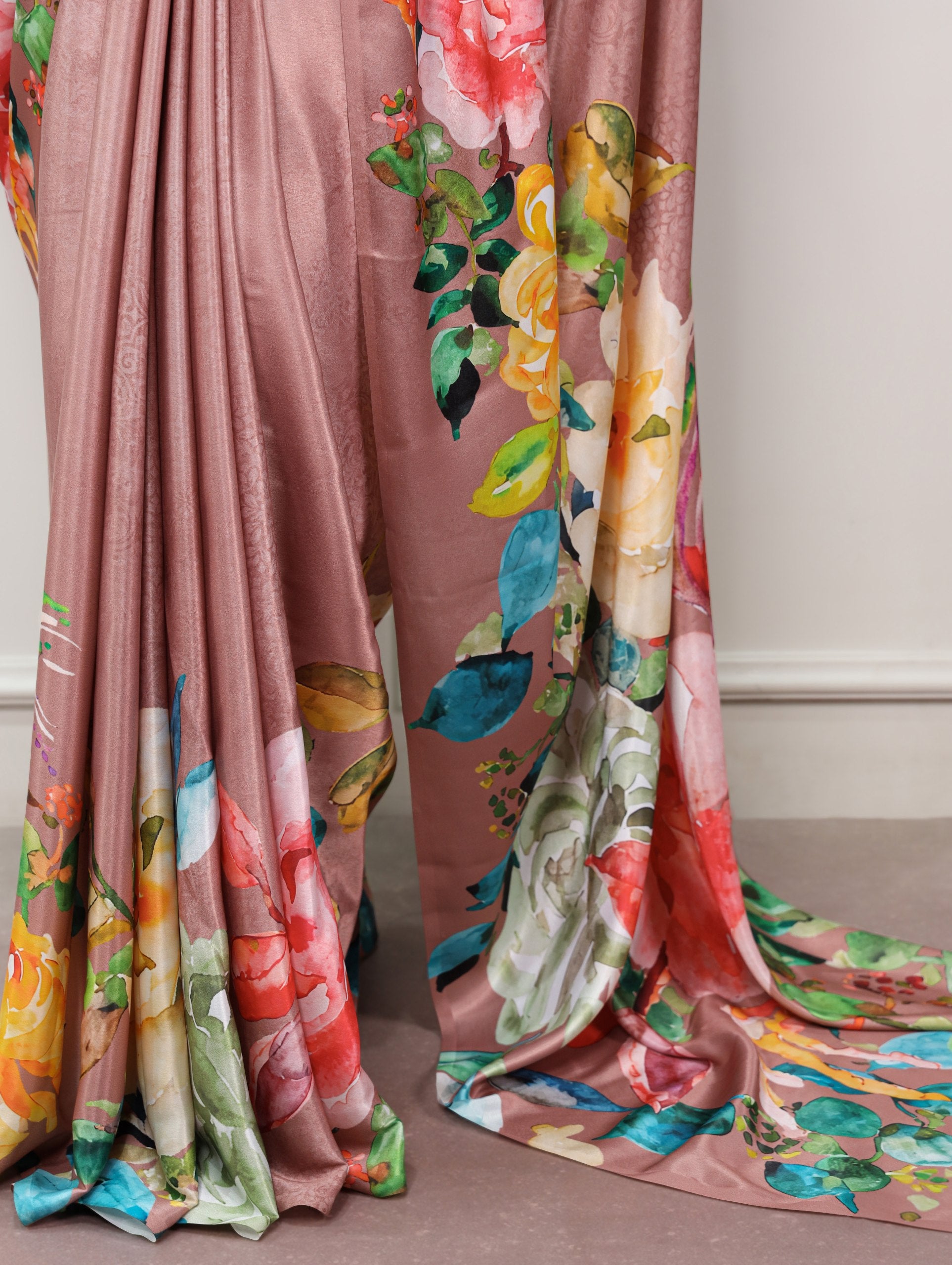 Rosy Brown Pure Soft Satin Silk Flower Printed Satin Saree