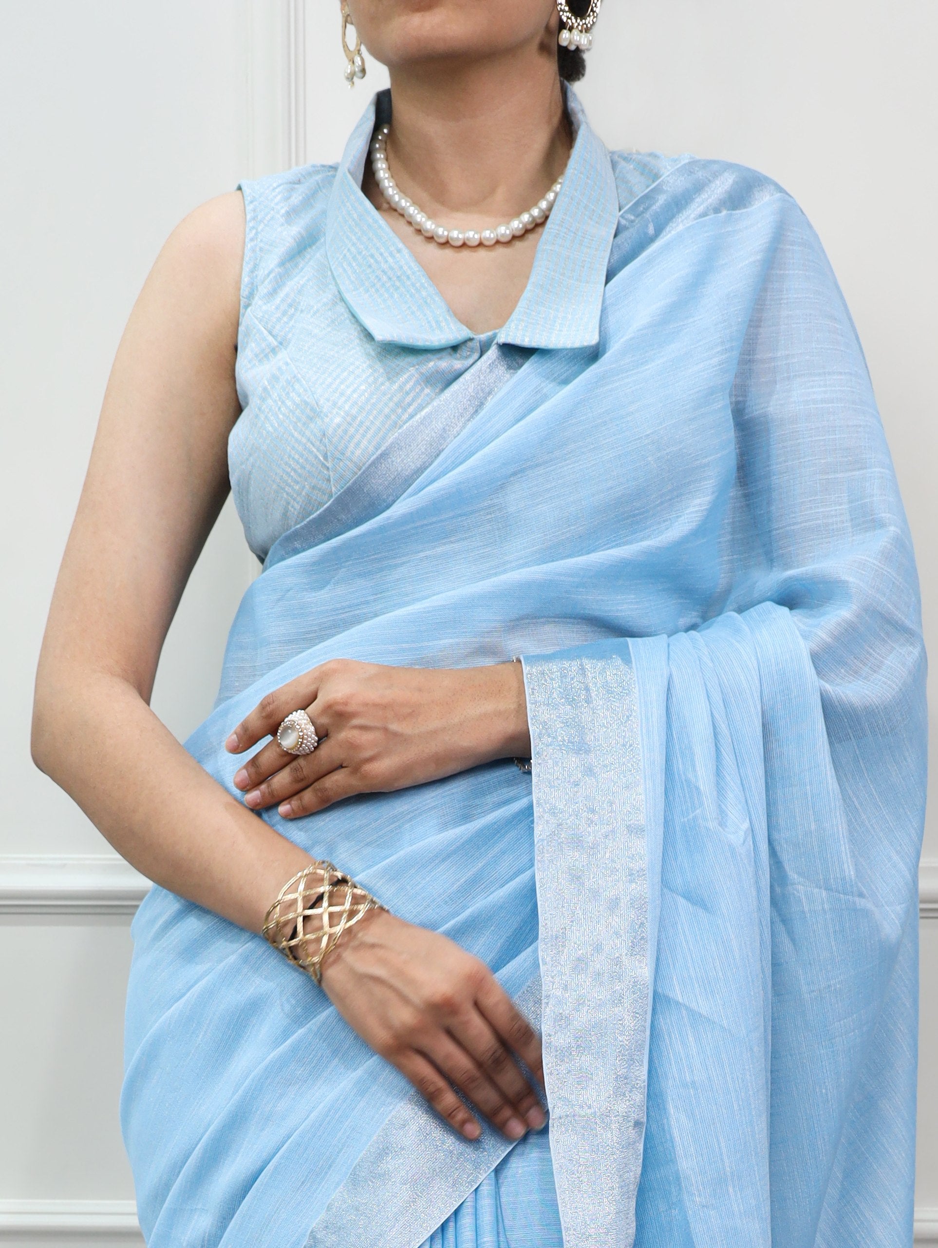 Sky Blue Pure Linen Adorned with an Elegant Zari border Linen Saree