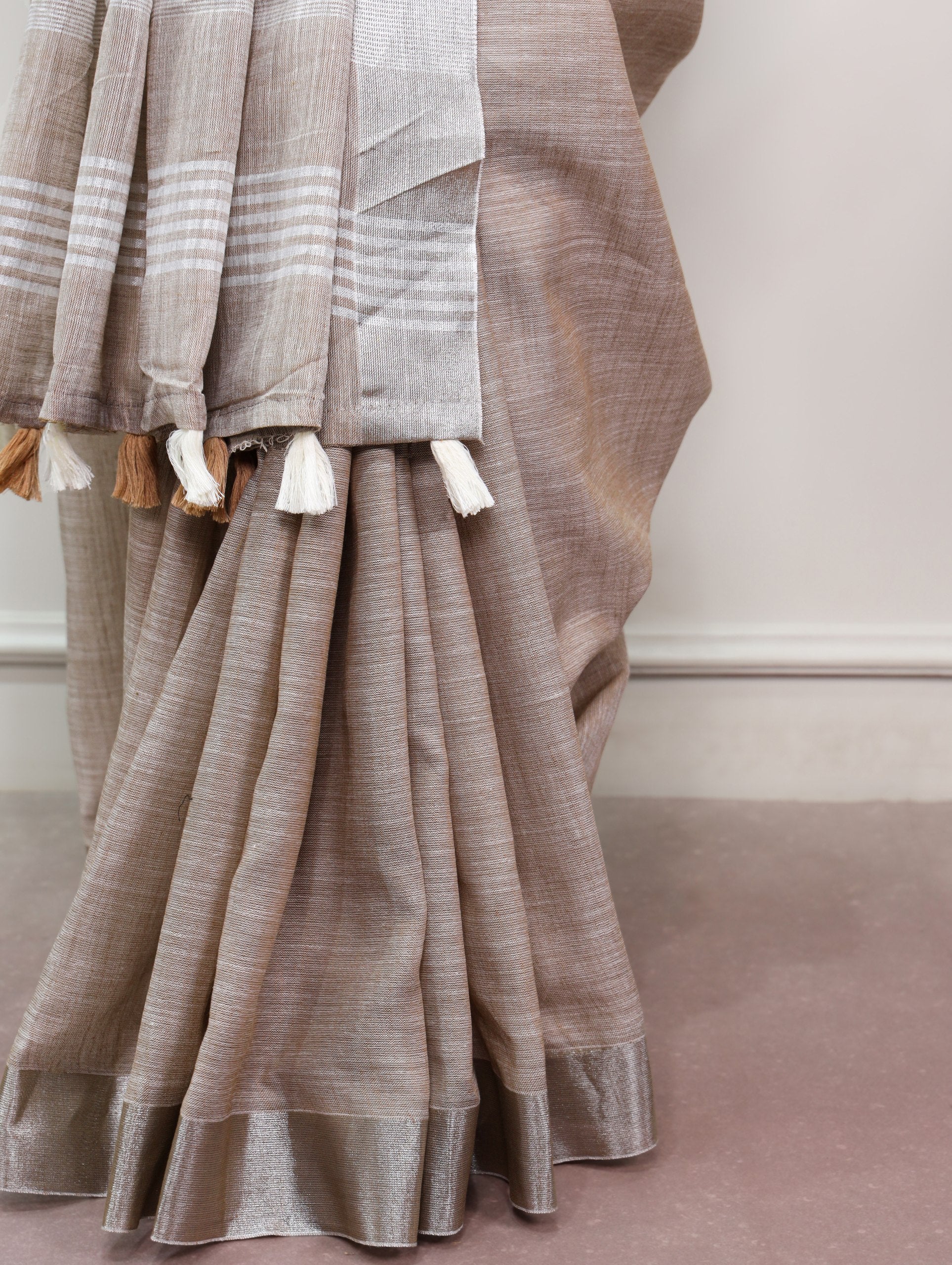 Brown Pure Linen Adorned with an Elegant Zari border Linen Saree
