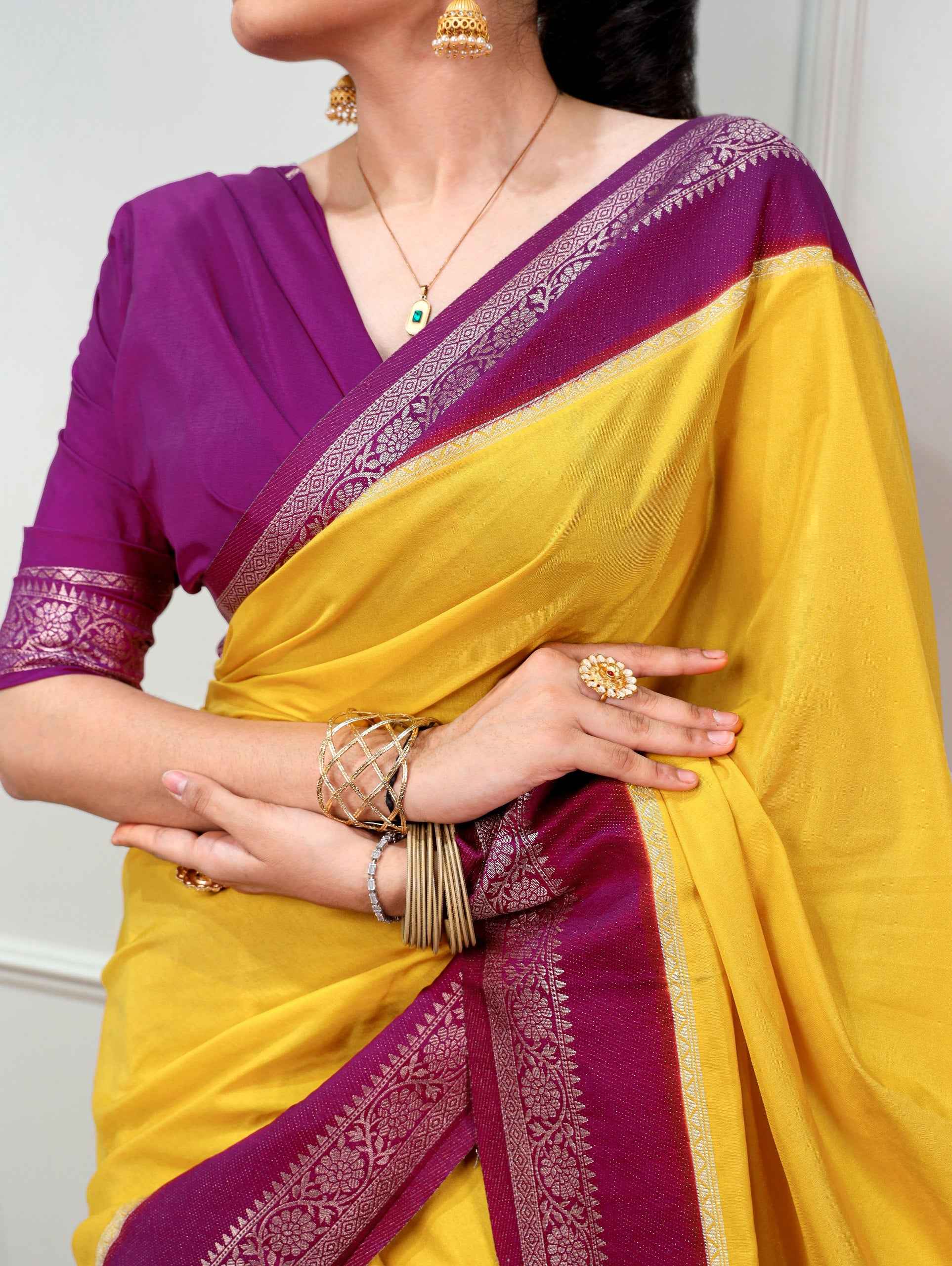 Yellow Pure Mysore Crepe Zari Weaving Work Saree