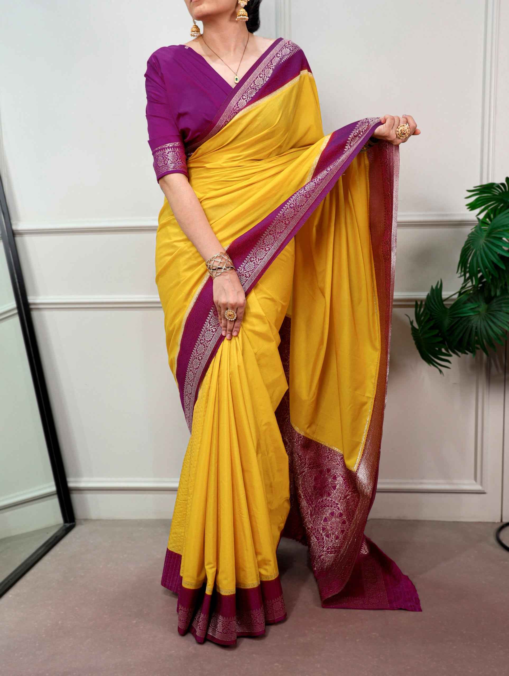 Yellow Pure Mysore Crepe Zari Weaving Work Saree
