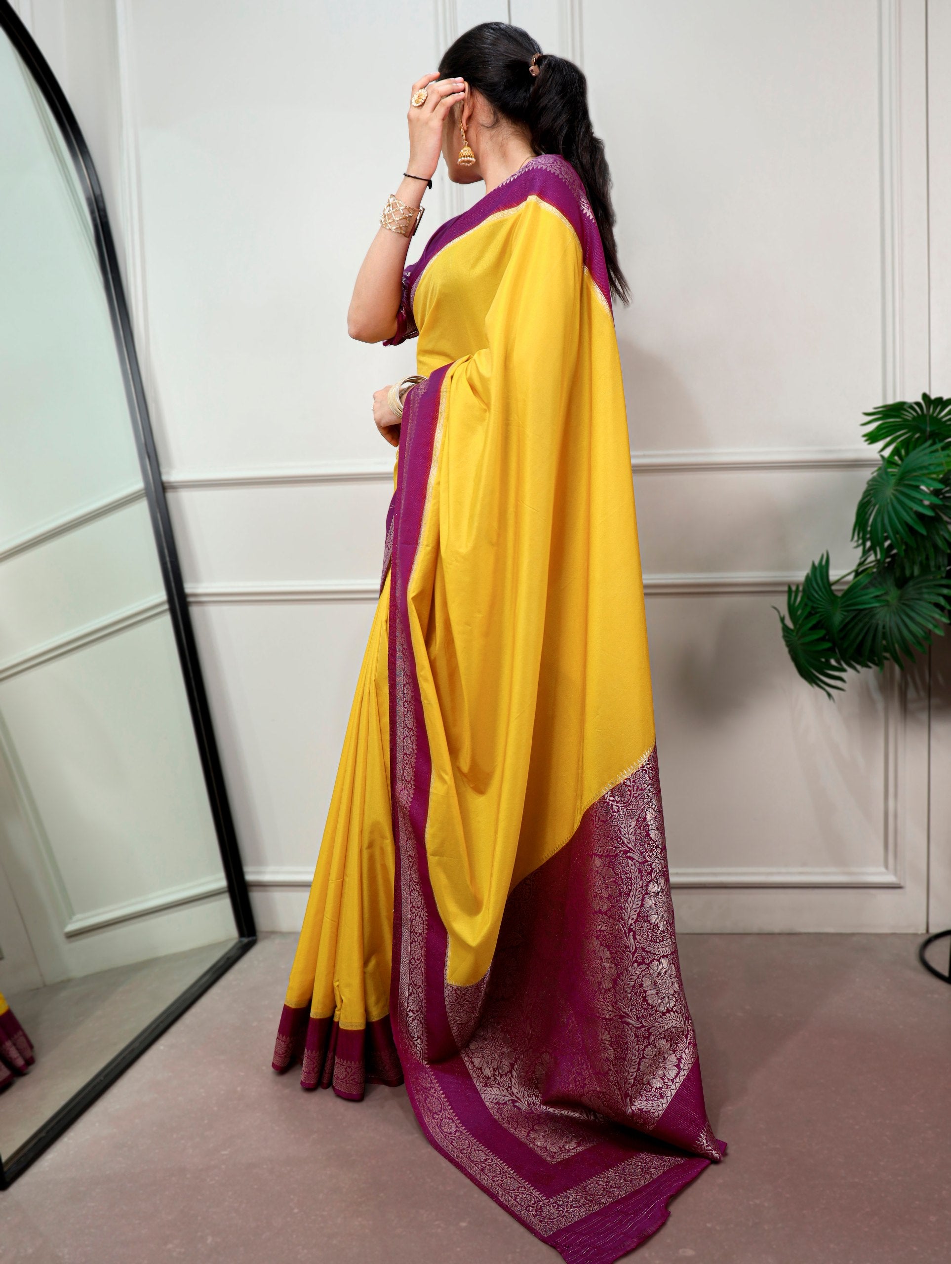 Yellow Pure Mysore Crepe Zari Weaving Work Saree