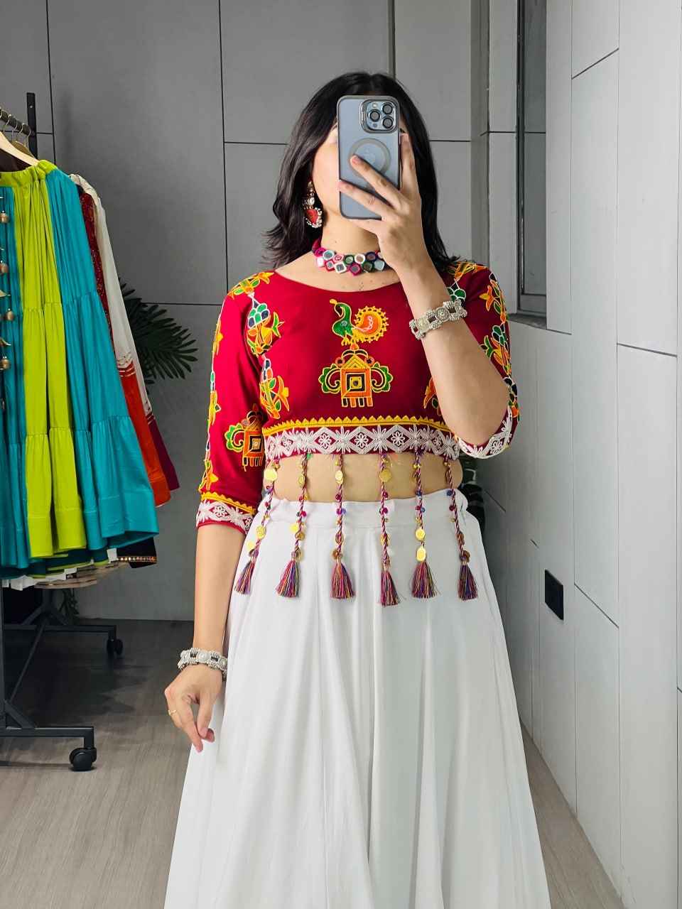 Multicolored Pure Rayon Cotton Plain Traingle Kali Navratri Lehenga Choli