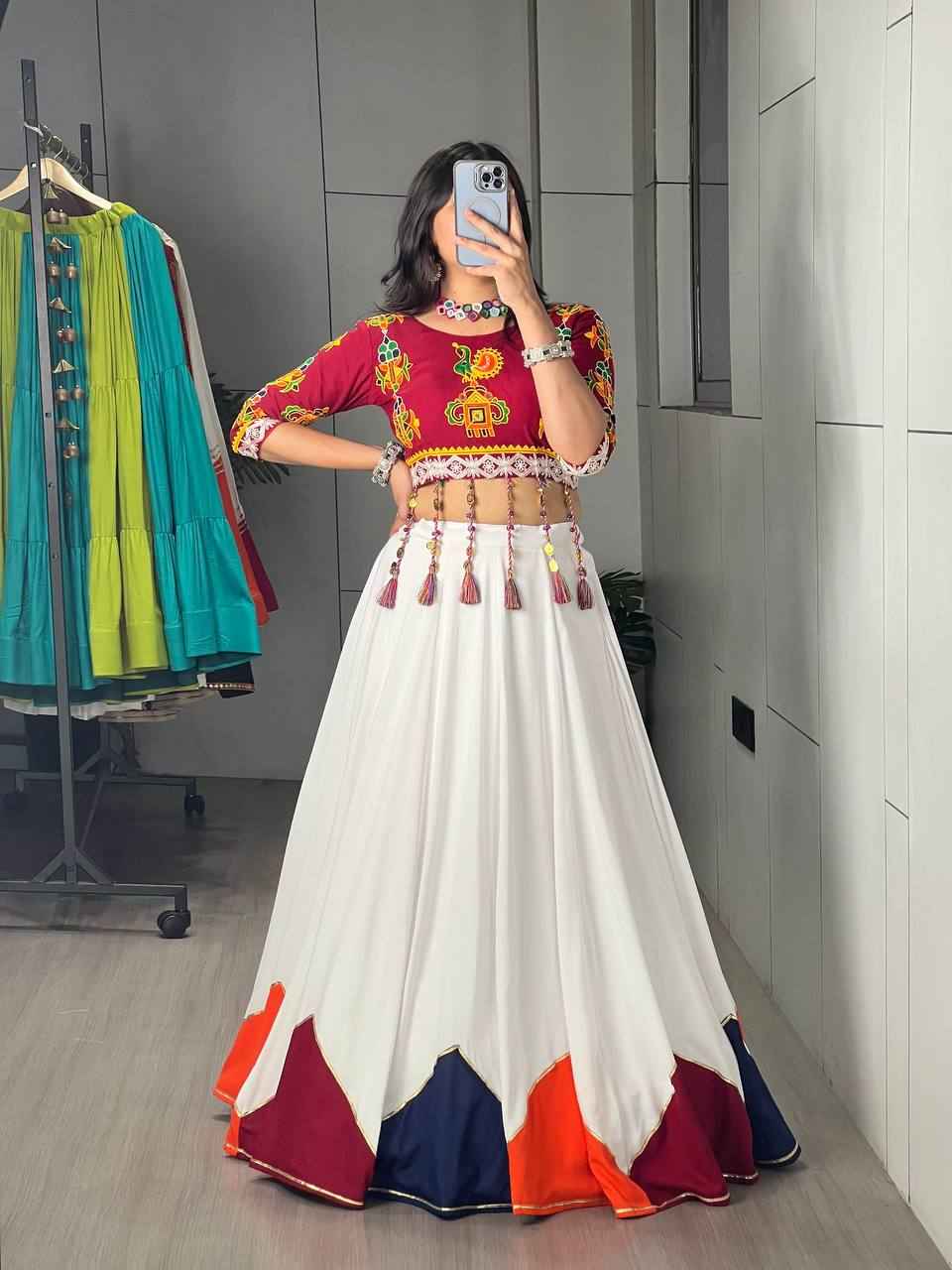 Multicolored Pure Rayon Cotton Plain Traingle Kali Navratri Lehenga Choli
