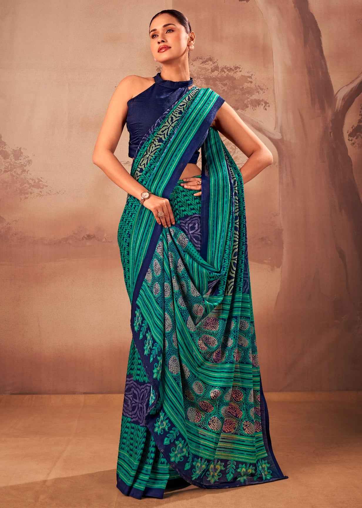Firozi Soft Poly Mal Mal Cotton Floral Printed Cotton Saree