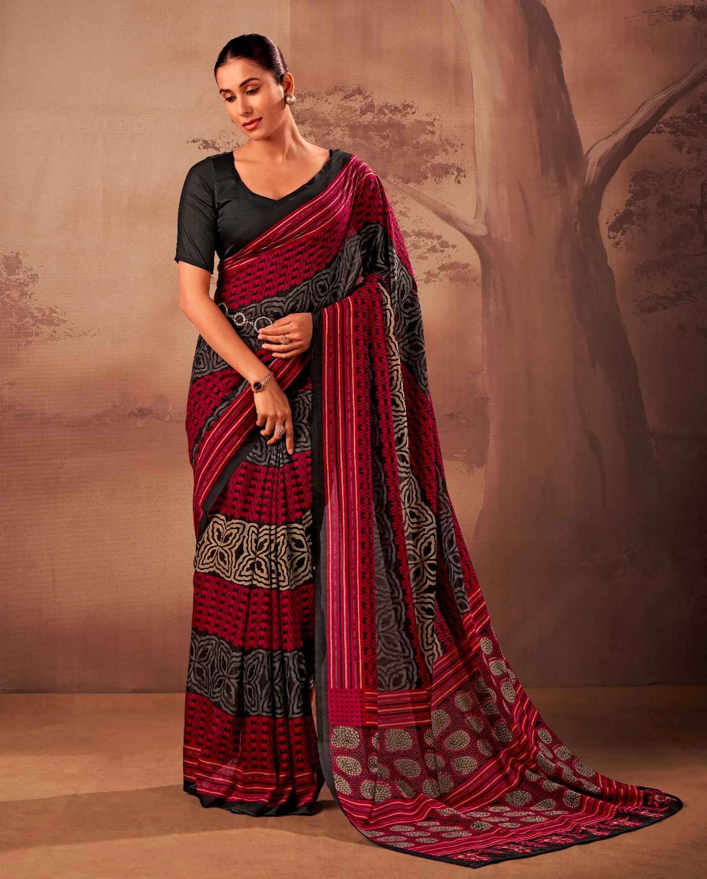 Red Soft Poly Mal Mal Cotton Floral Printed Cotton Saree