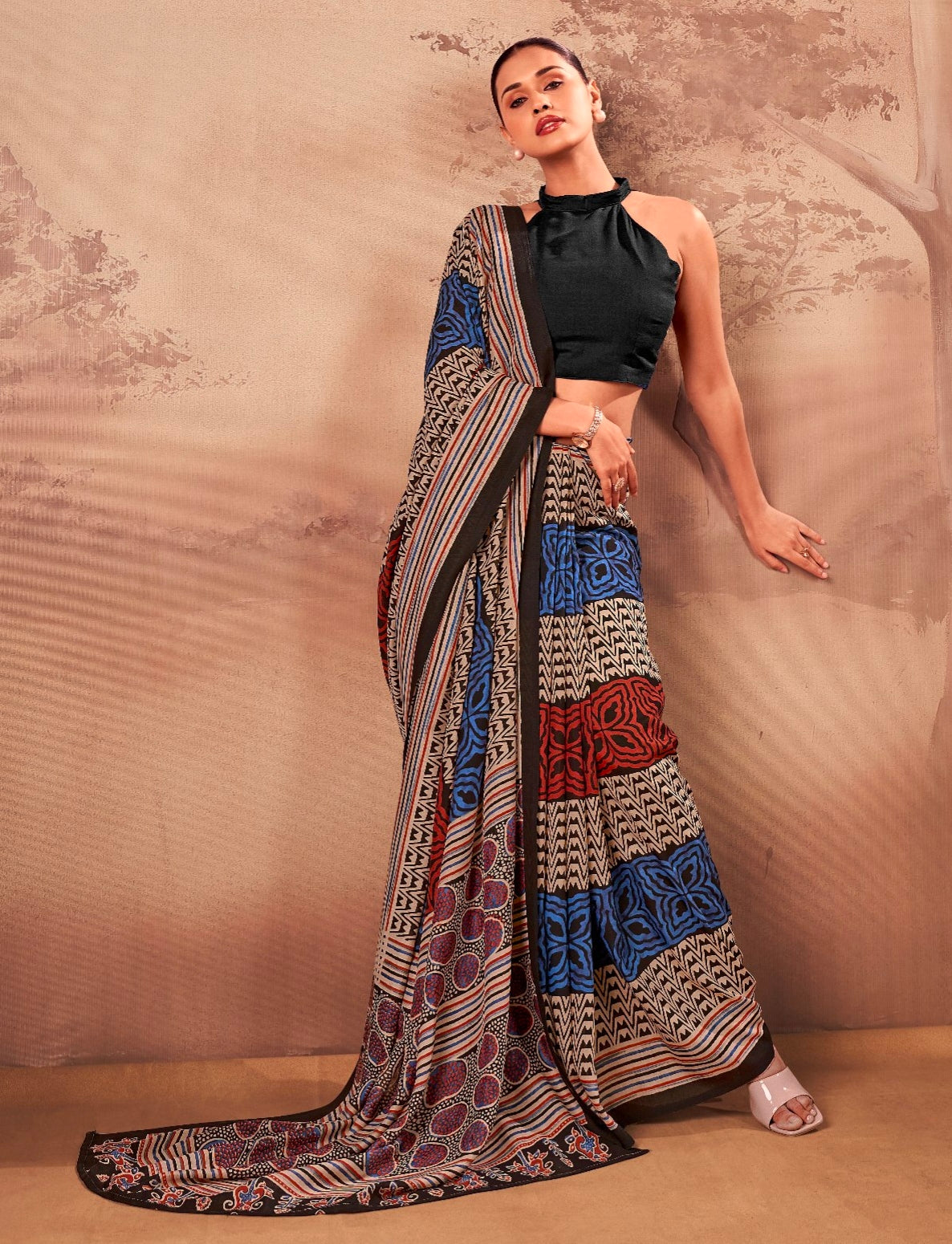 Navy Blue Soft Poly Mal Mal Cotton Floral Printed Cotton Saree