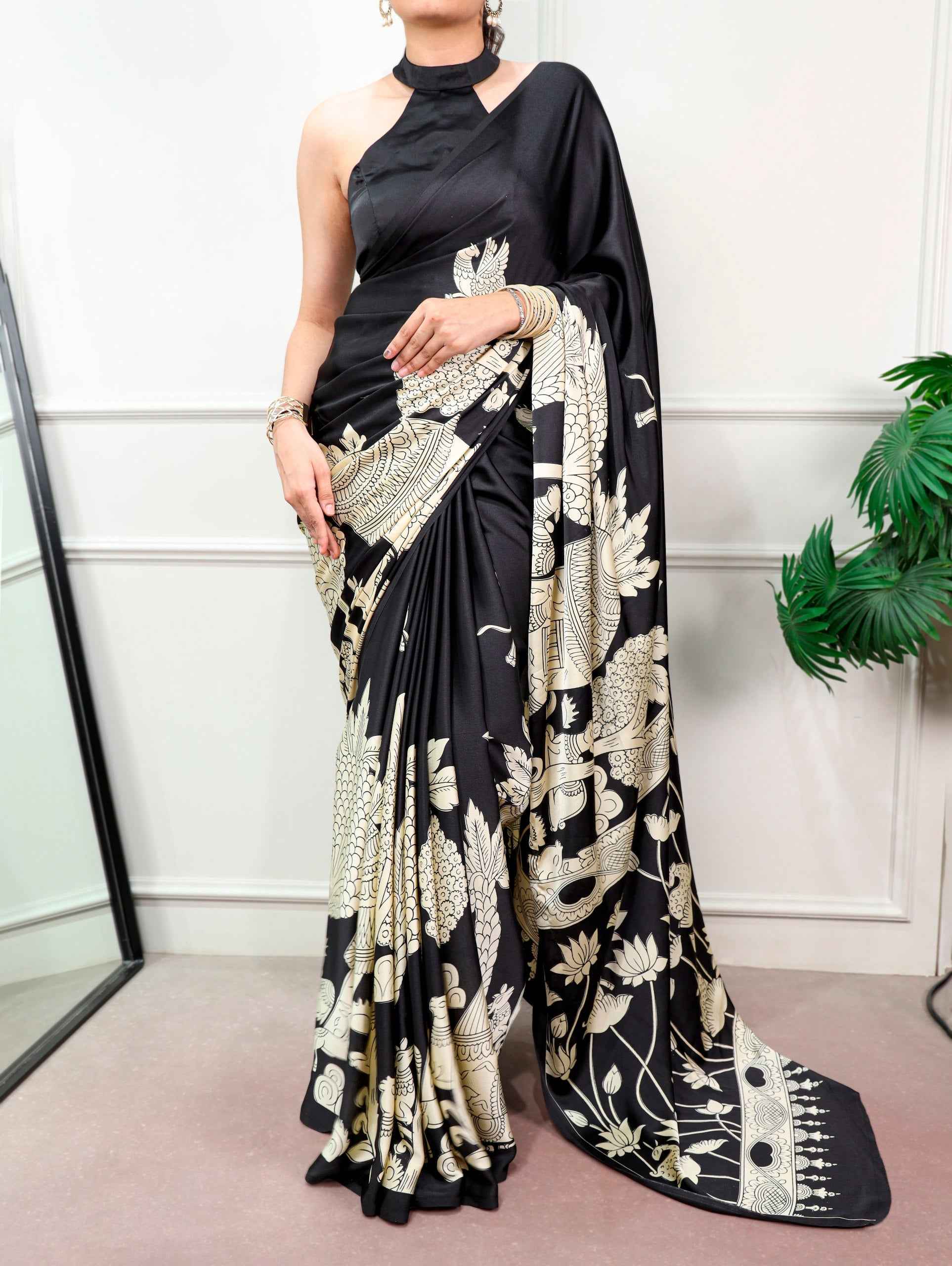 Black Pure Satin Silk Kalamkari Print Satin Saree
