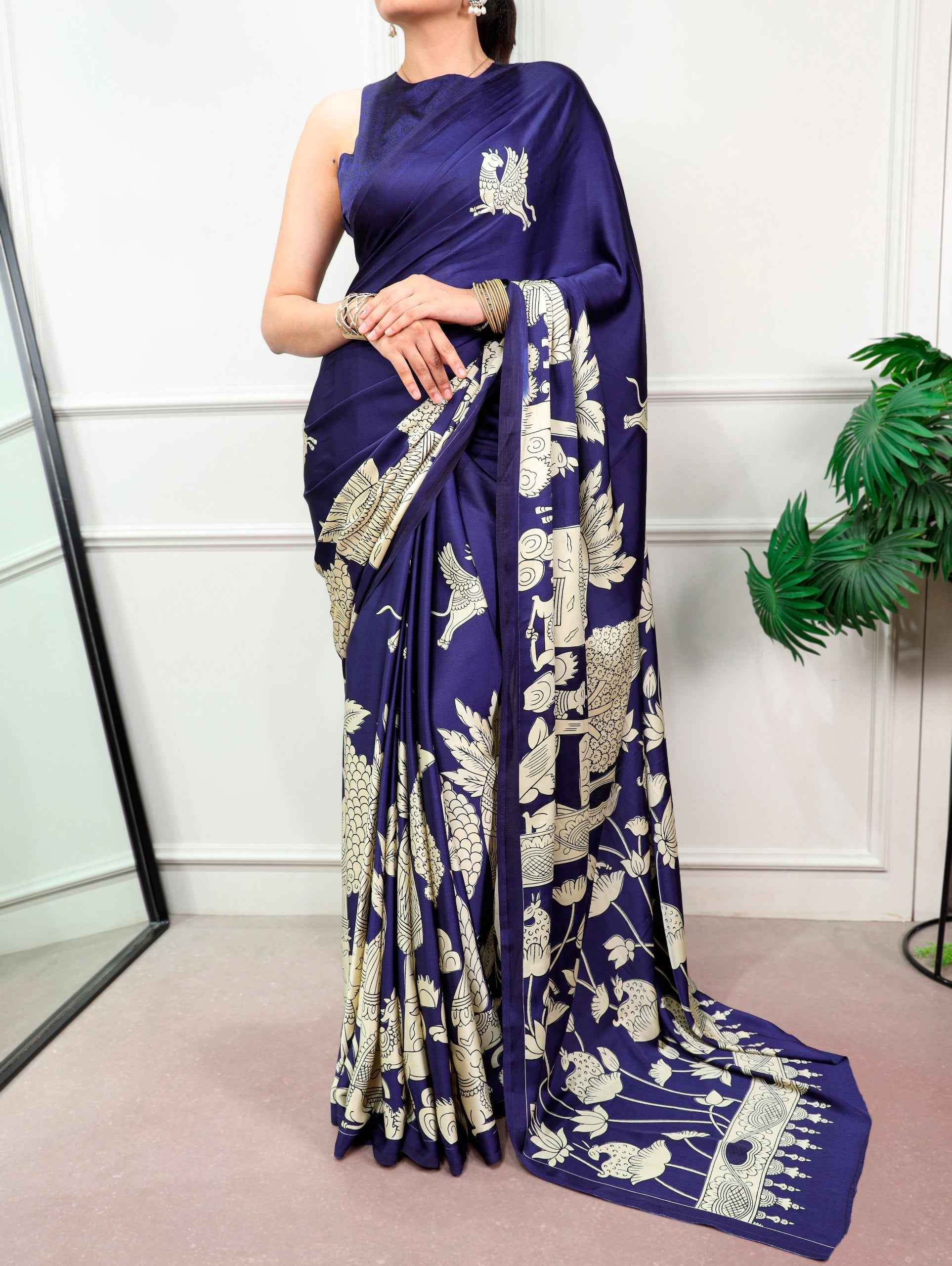 Navy Blue Pure Satin Silk Kalamkari Print Satin Saree
