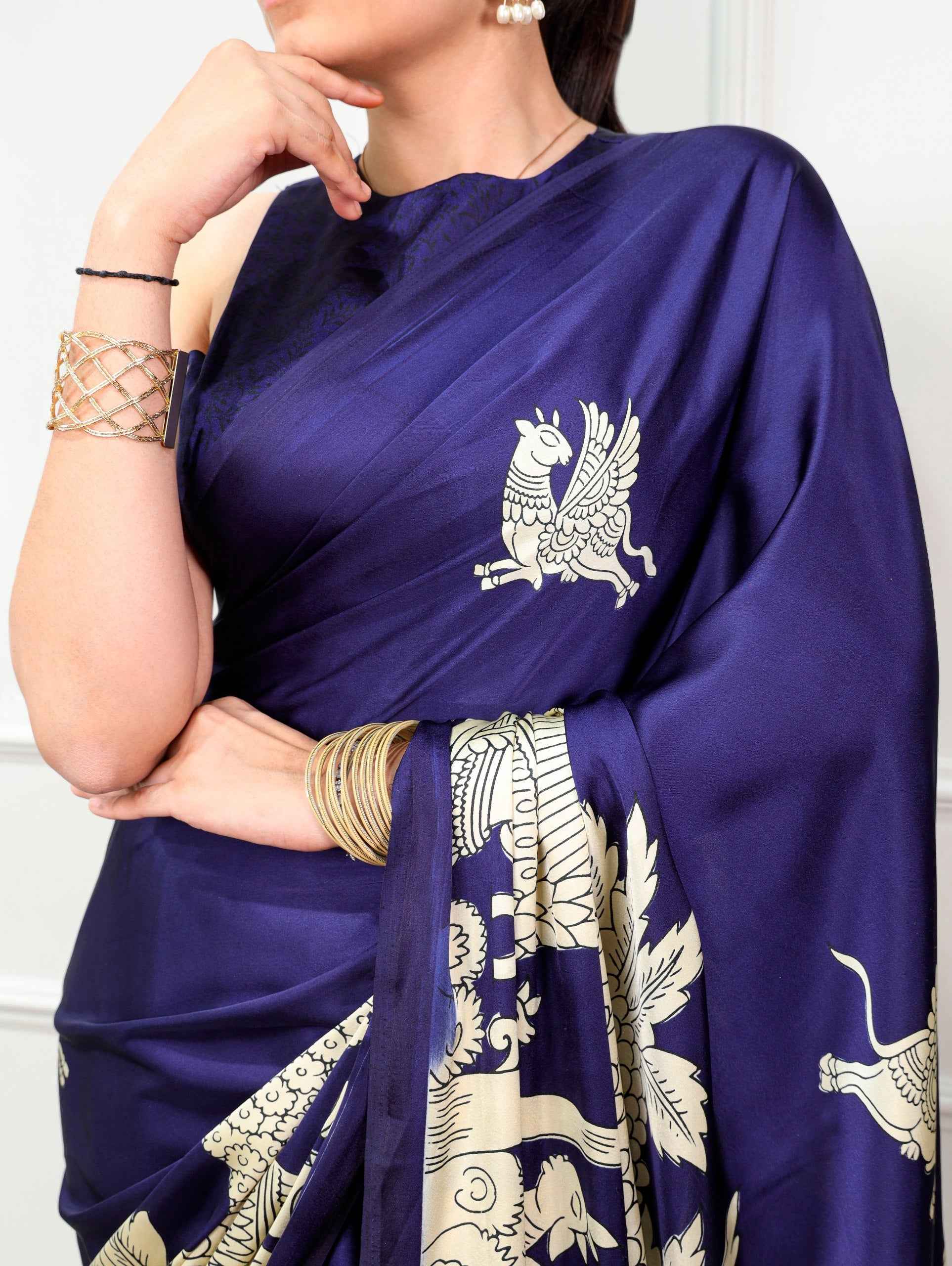 Navy Blue Pure Satin Silk Kalamkari Print Satin Saree